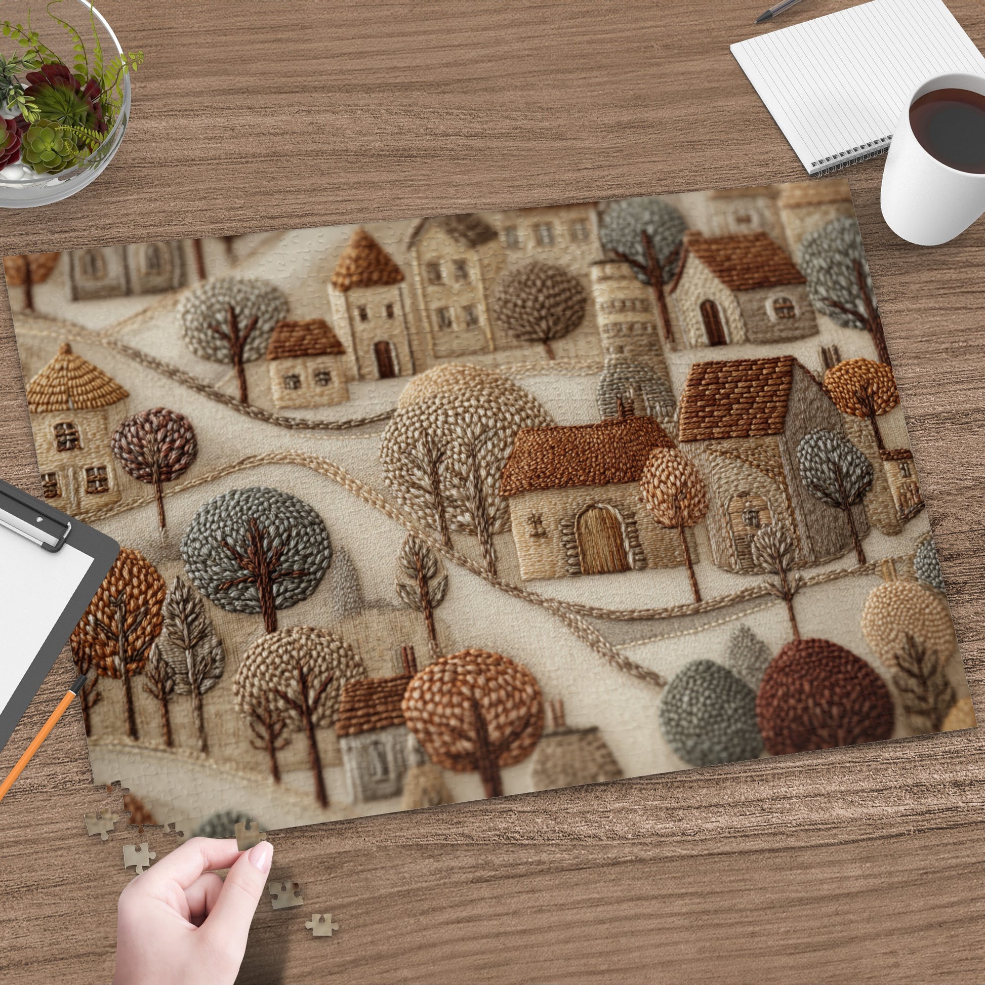Scenic Embroidered Village Art Puzzle for Relaxation