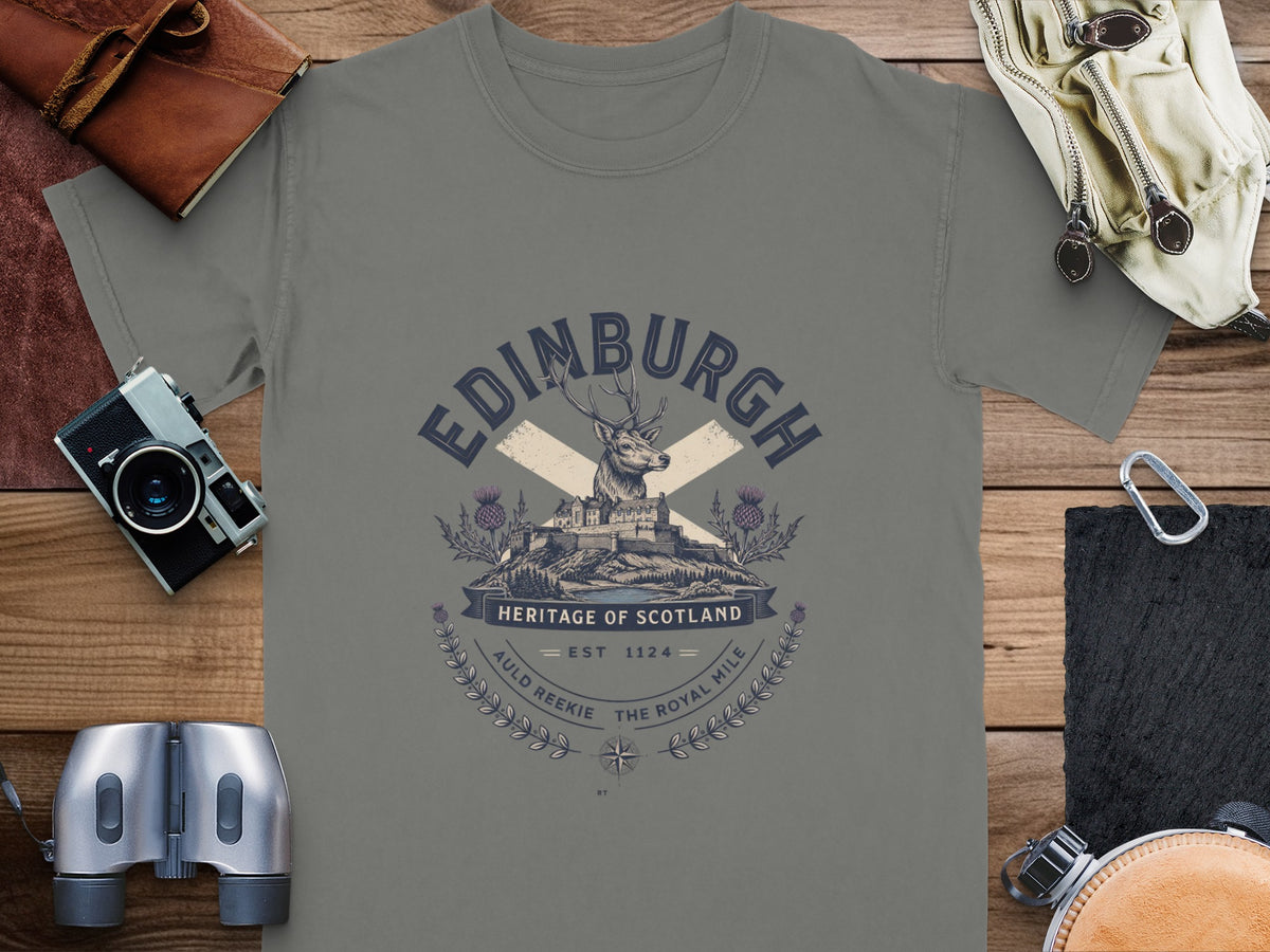 Edinburgh Heritage of Scotland t-shirt with stag and castle design.