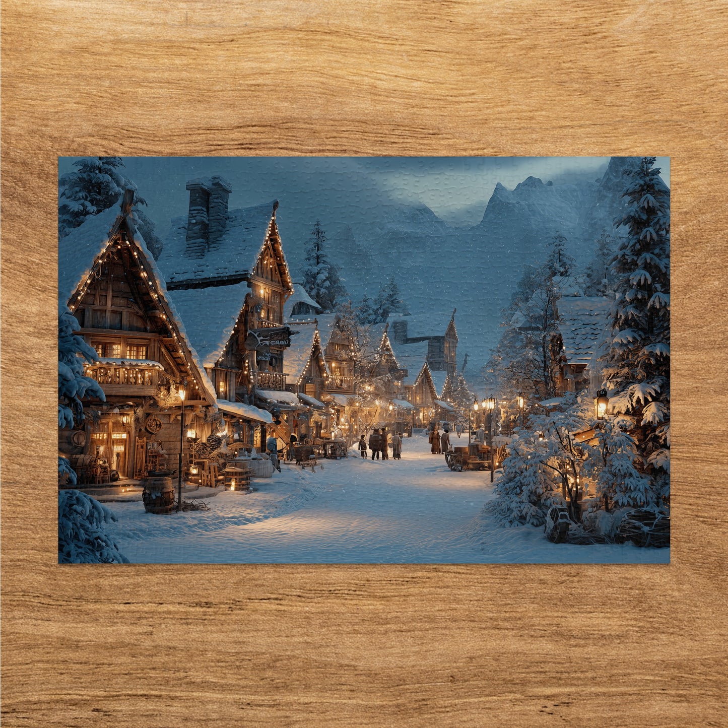 Illuminated Snowy Christmas Village Mountain Backdrop product type
Winter village, Snowy landscape, Christmas lights, Festive scene, Mountain village, Cozy homes, Night scene, Holiday decor, Winter wonderland, Snowfall, Illuminated village, Winter art, Christmas magic, Scenic view, Wooden houses, Lanterns glow, People walking, Seasonal decor, Rustic charm, Alpine view