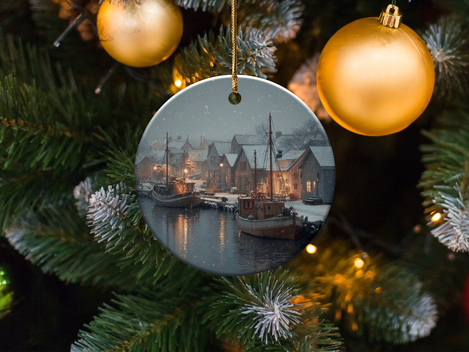 Snowy Harbor Scene Holiday Ornament product