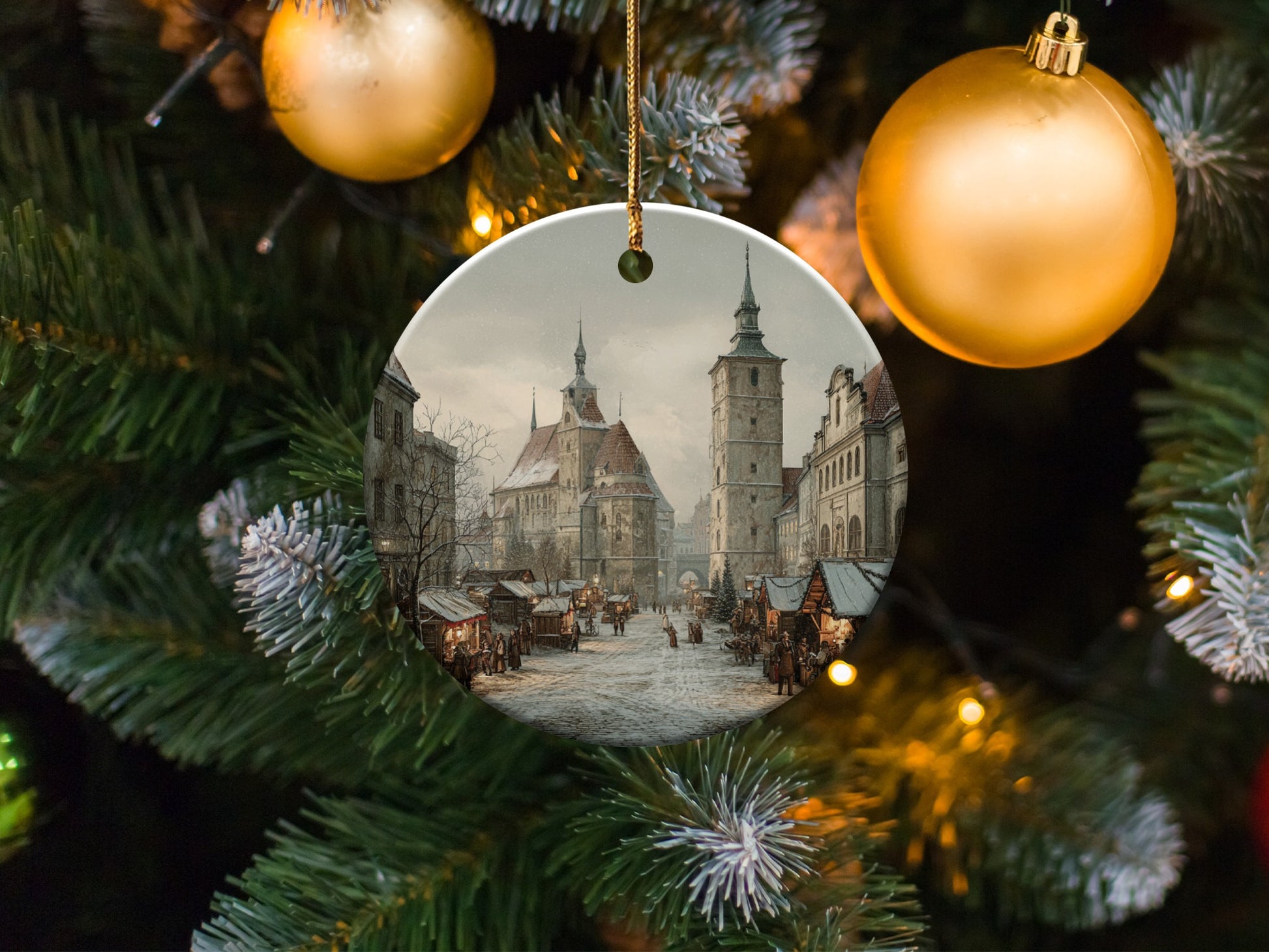 Vintage European Christmas Market Scene Ornament