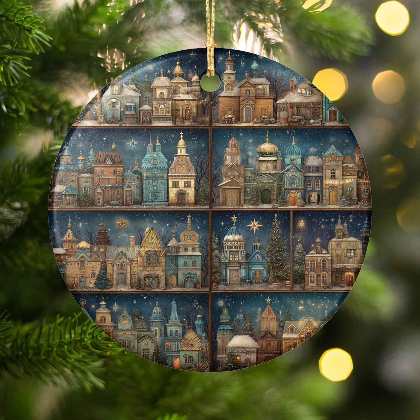Festive Christmas Town Scene Round Hanging Ornament