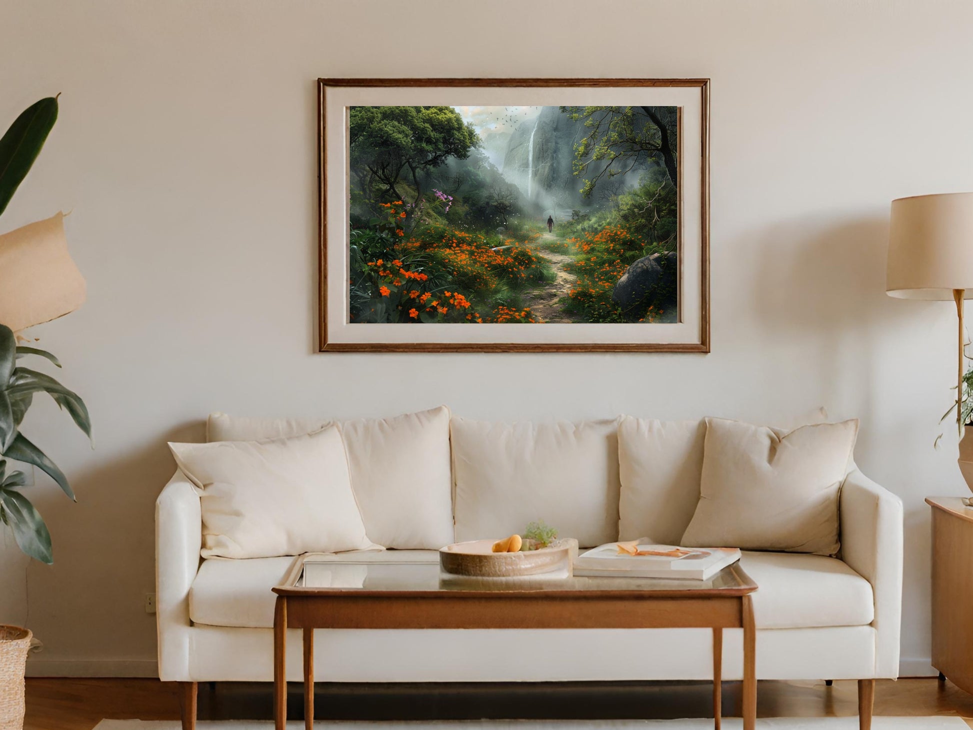 Serene Landscape Forest Waterfall Home Decor Art Print