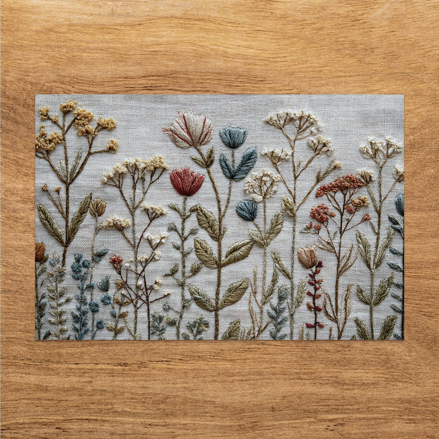 Embroidery of wildflowers in earthy tones on linen fabric.