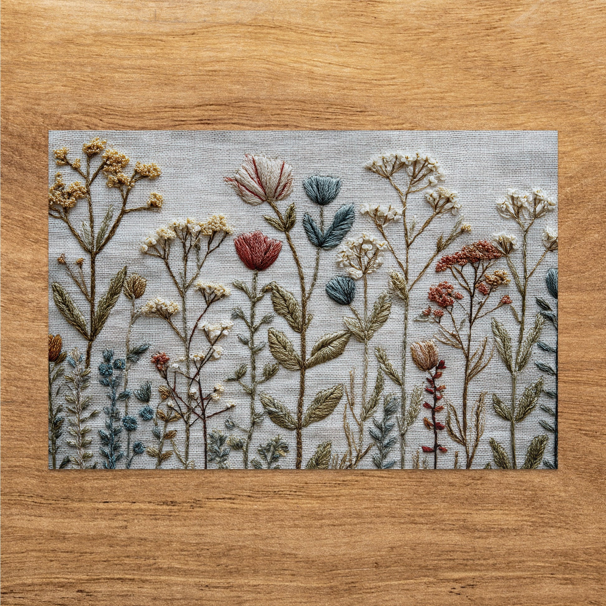 Embroidery of wildflowers in earthy tones on linen fabric.
