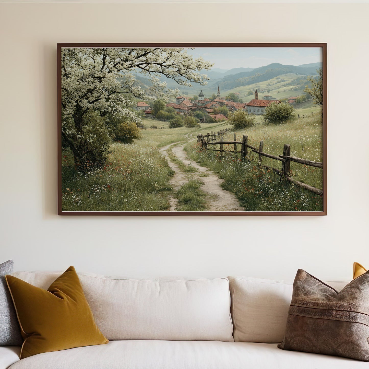 Serene Countryside Path with Blossoming Trees artwork