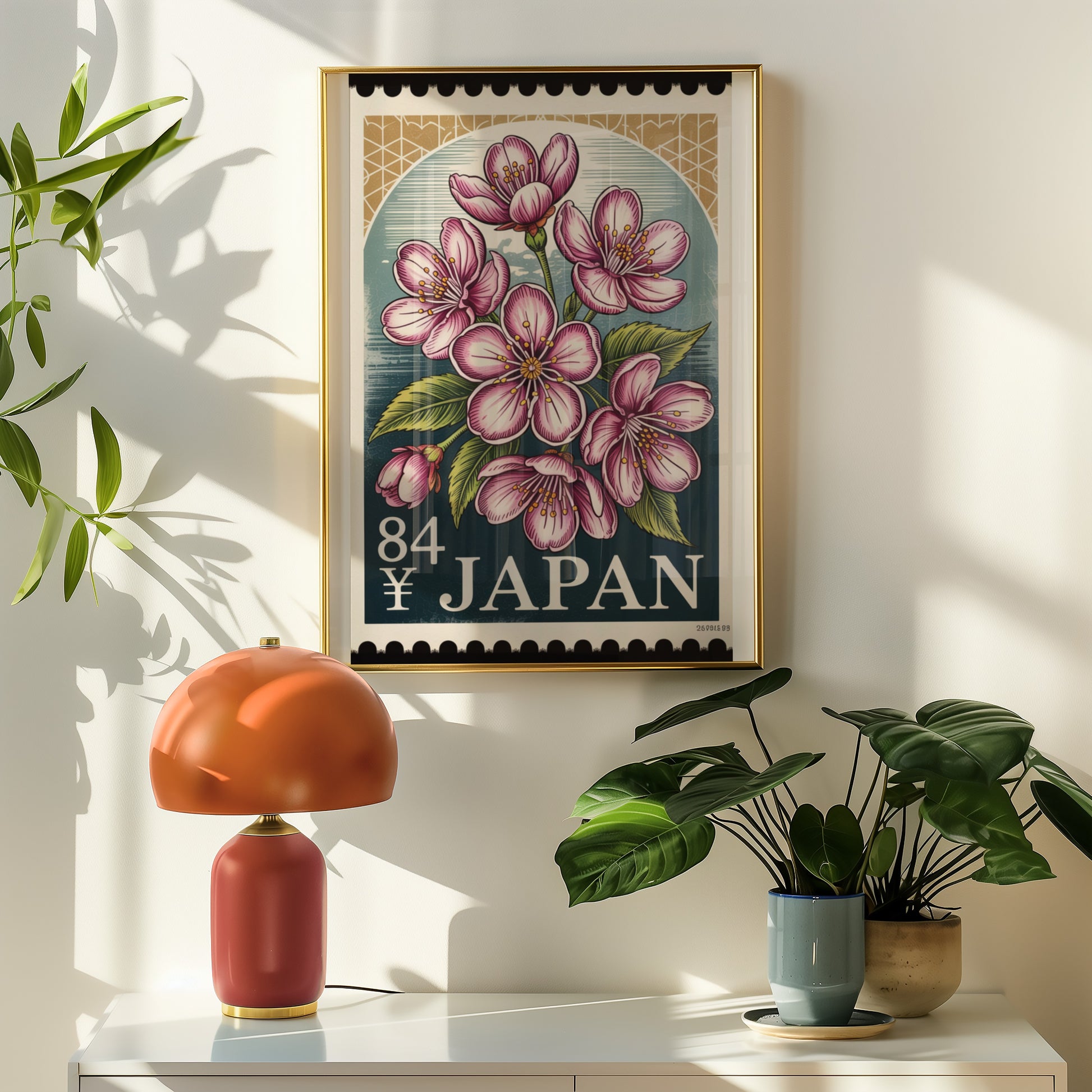 Vintage Japan Flower Postage Stamp Art Wall Decor