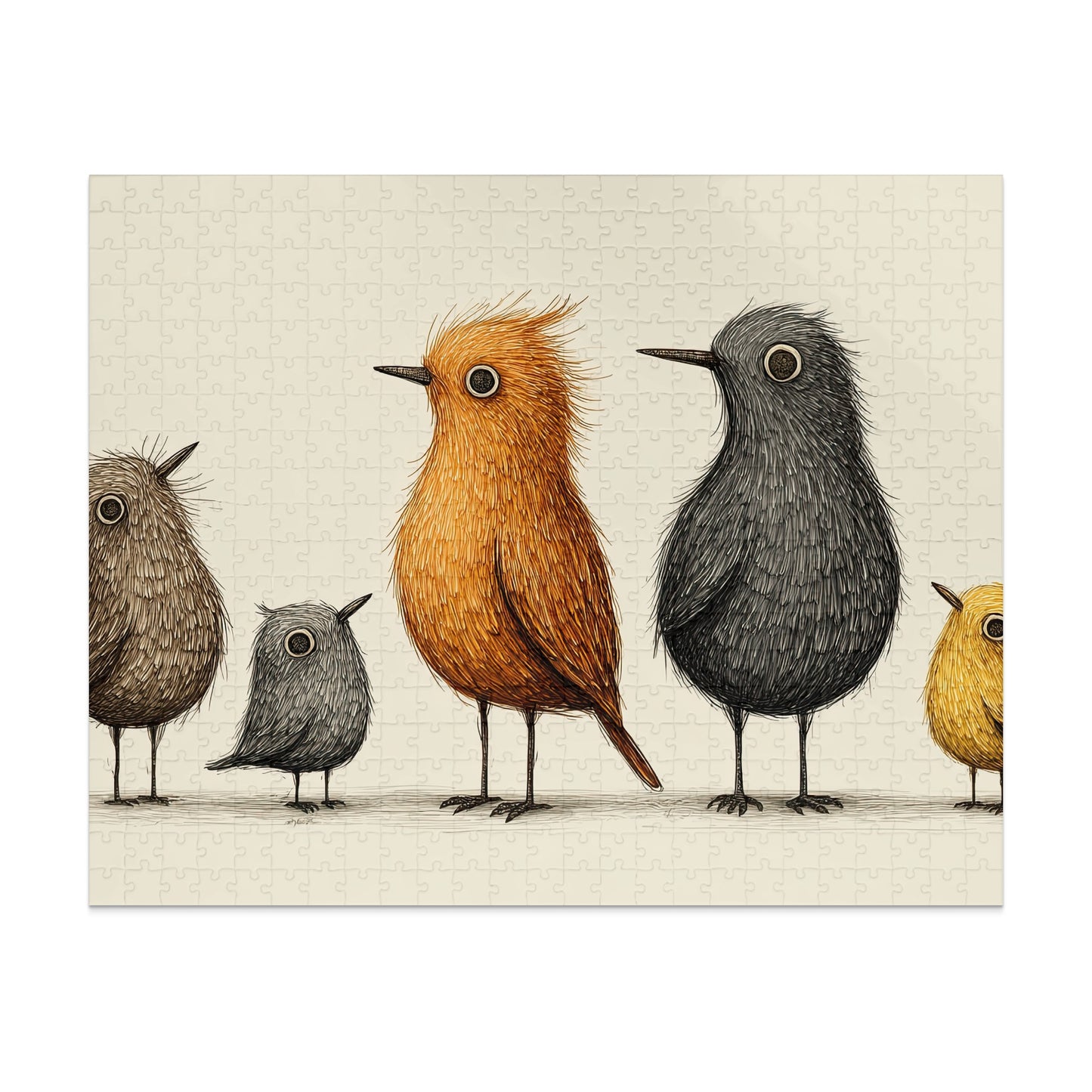 Five cartoon birds of different colors and sizes stand in a row.