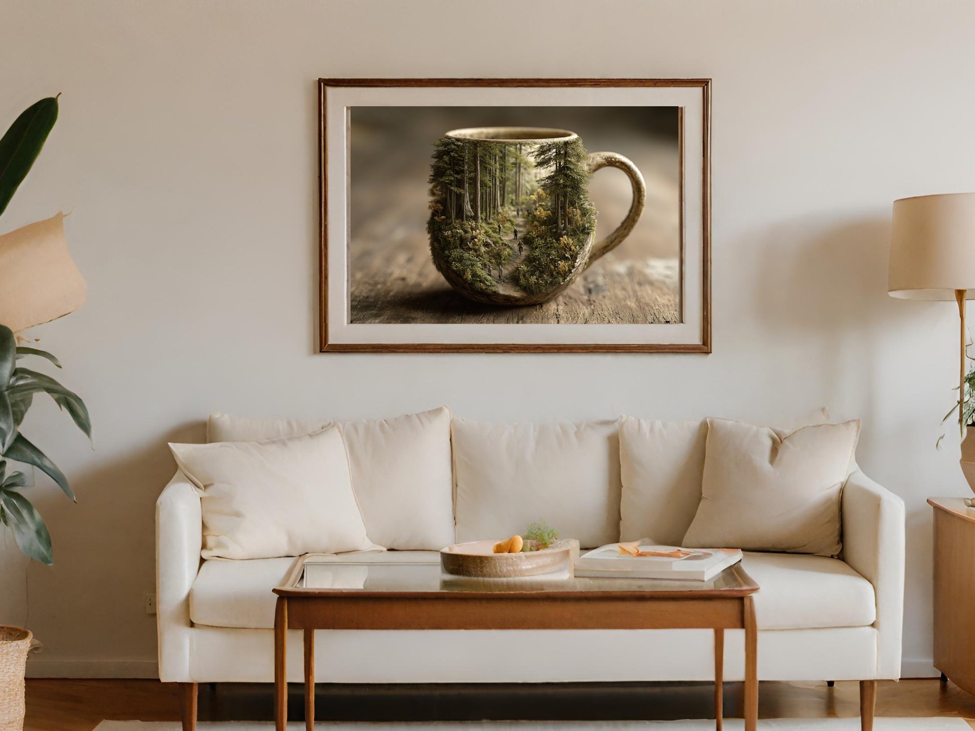 Framed artwork on wall depicts a forest scene inside a coffee mug.