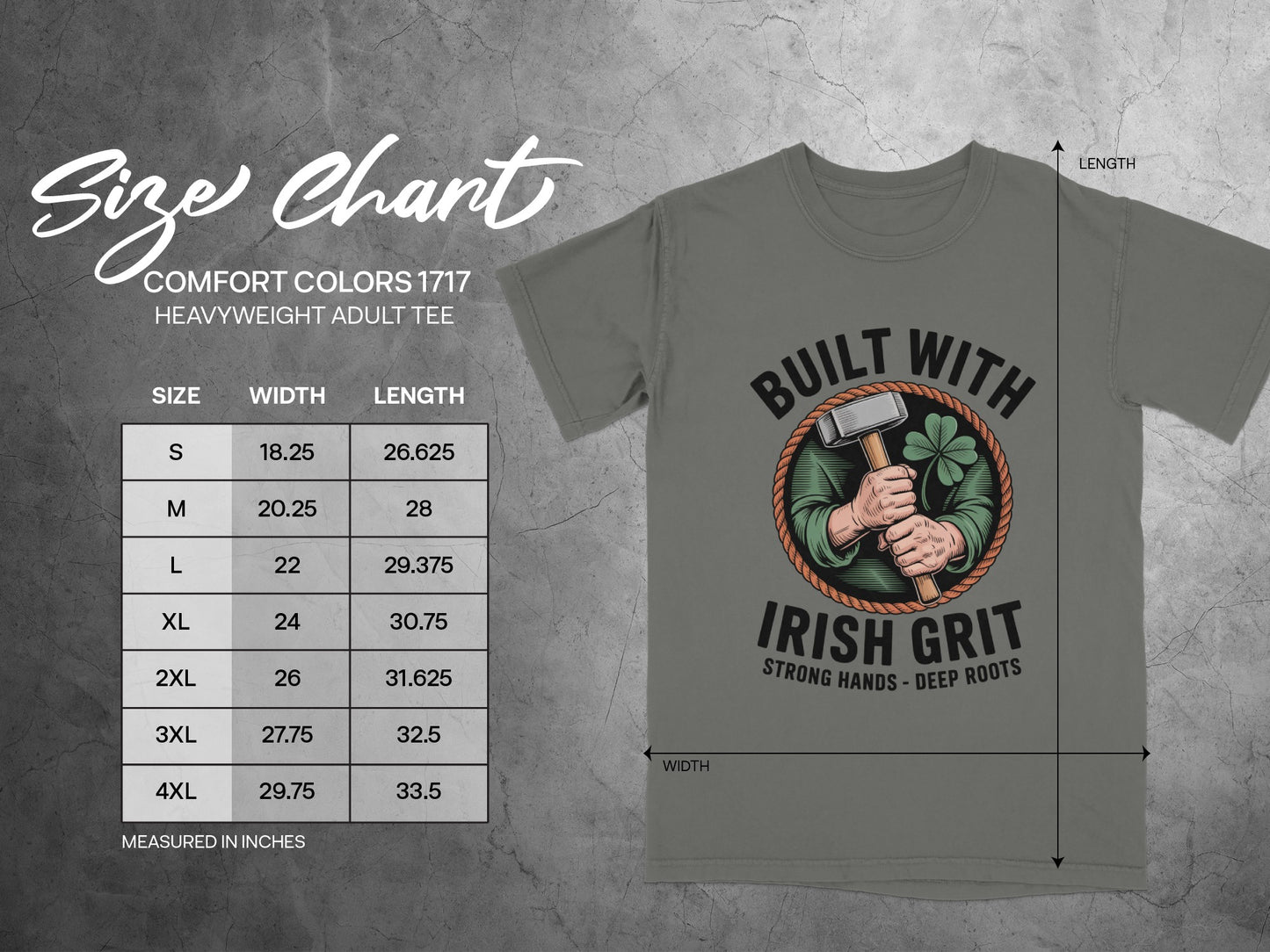 Comfort Colors 1717 heavyweight adult tee size chart with chest and length measurements.