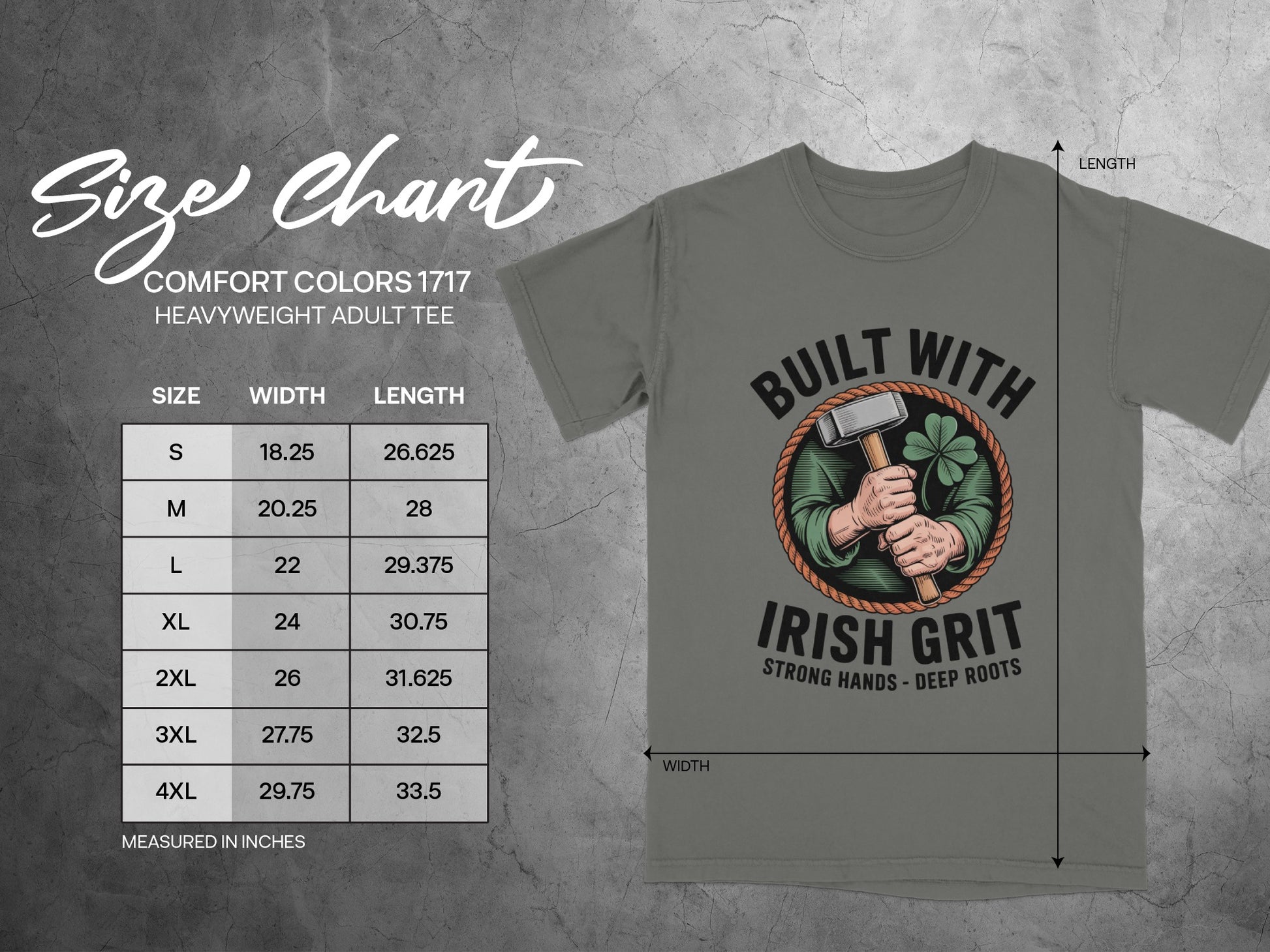 Comfort Colors 1717 heavyweight adult tee size chart with chest and length measurements.