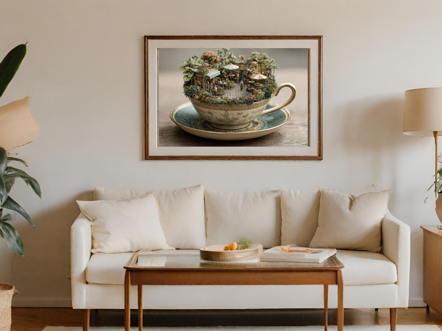 Framed artwork of a miniature garden scene inside a teacup, displayed above a sofa.