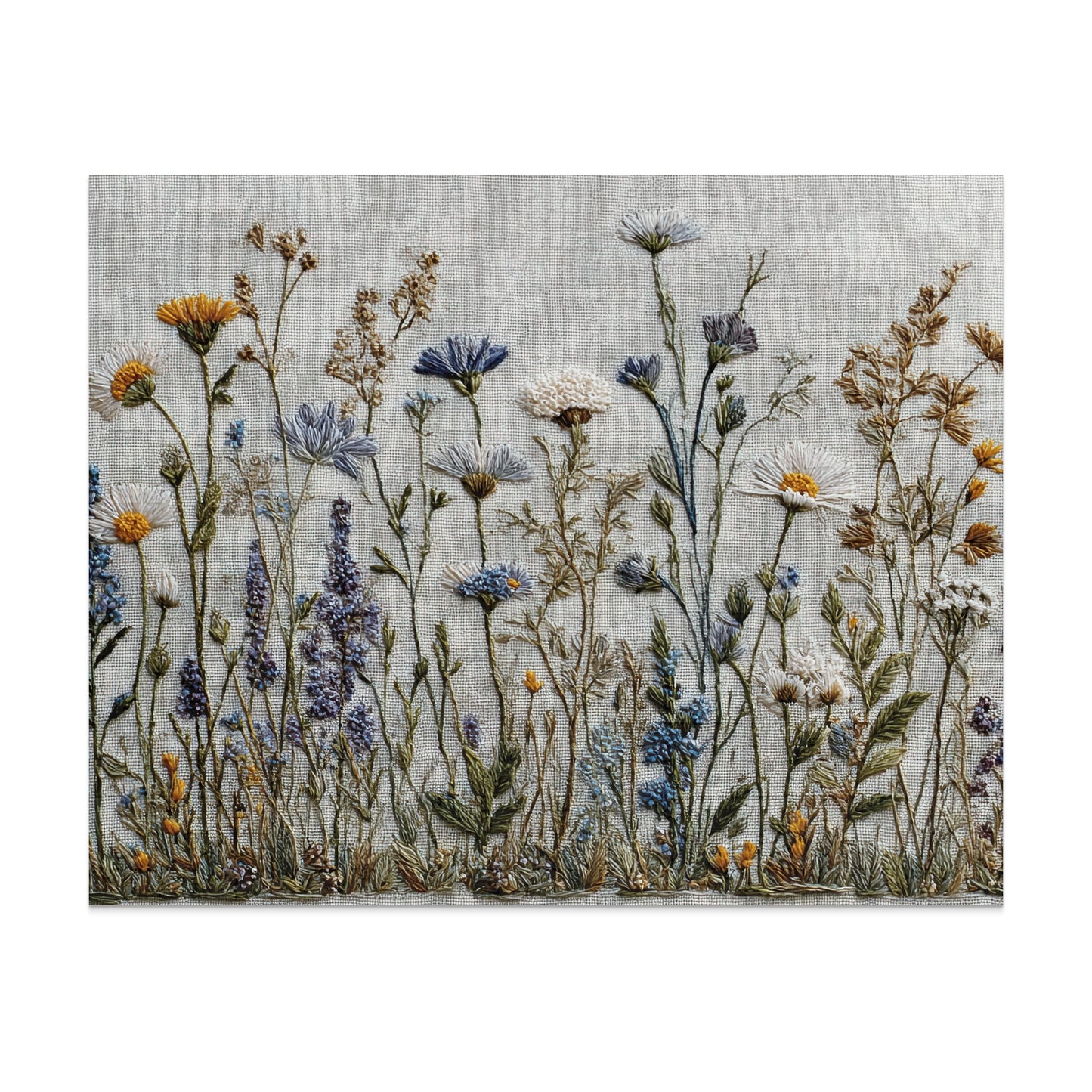 Embroidery of wildflowers and grasses on textured fabric.