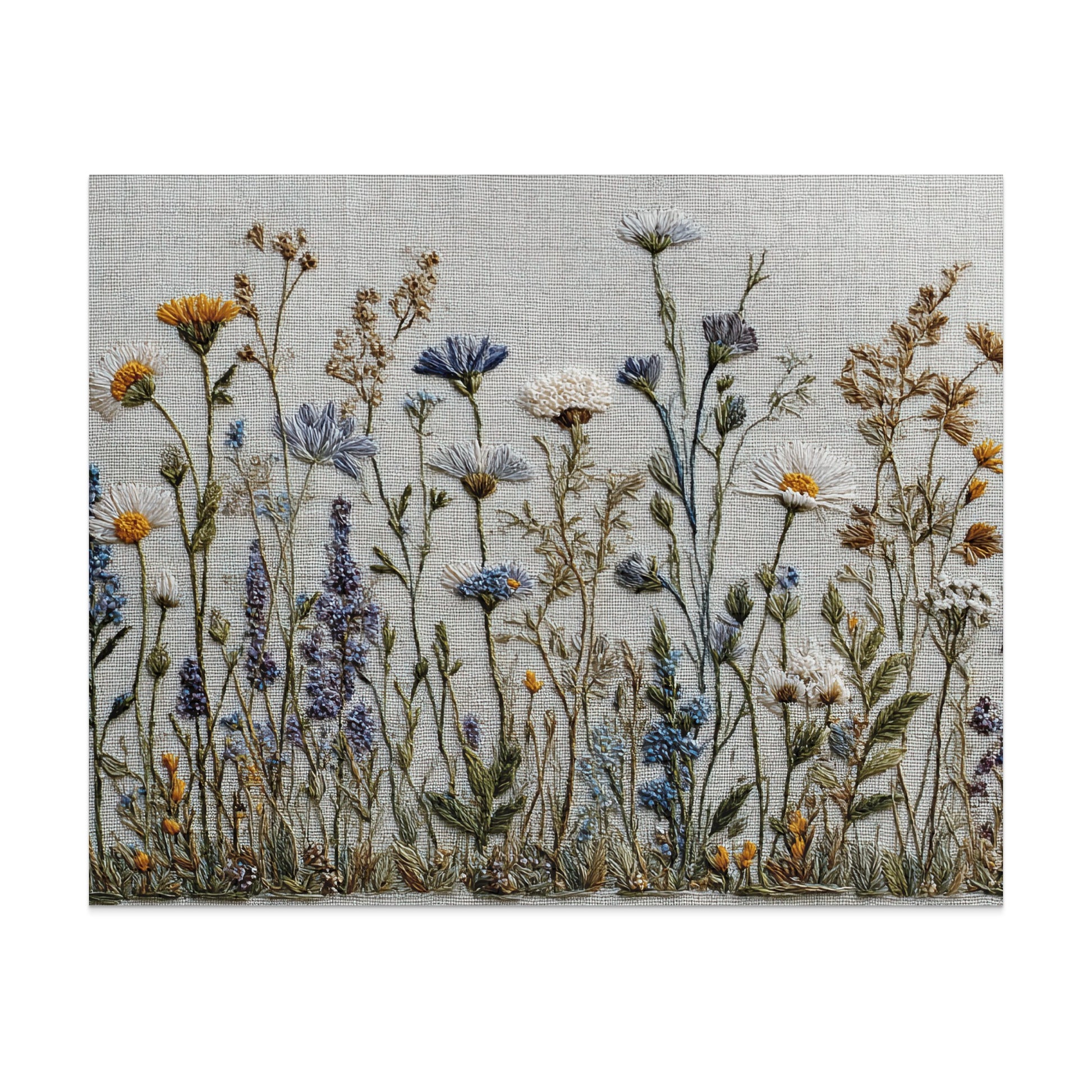 Embroidery of wildflowers and grasses on textured fabric.