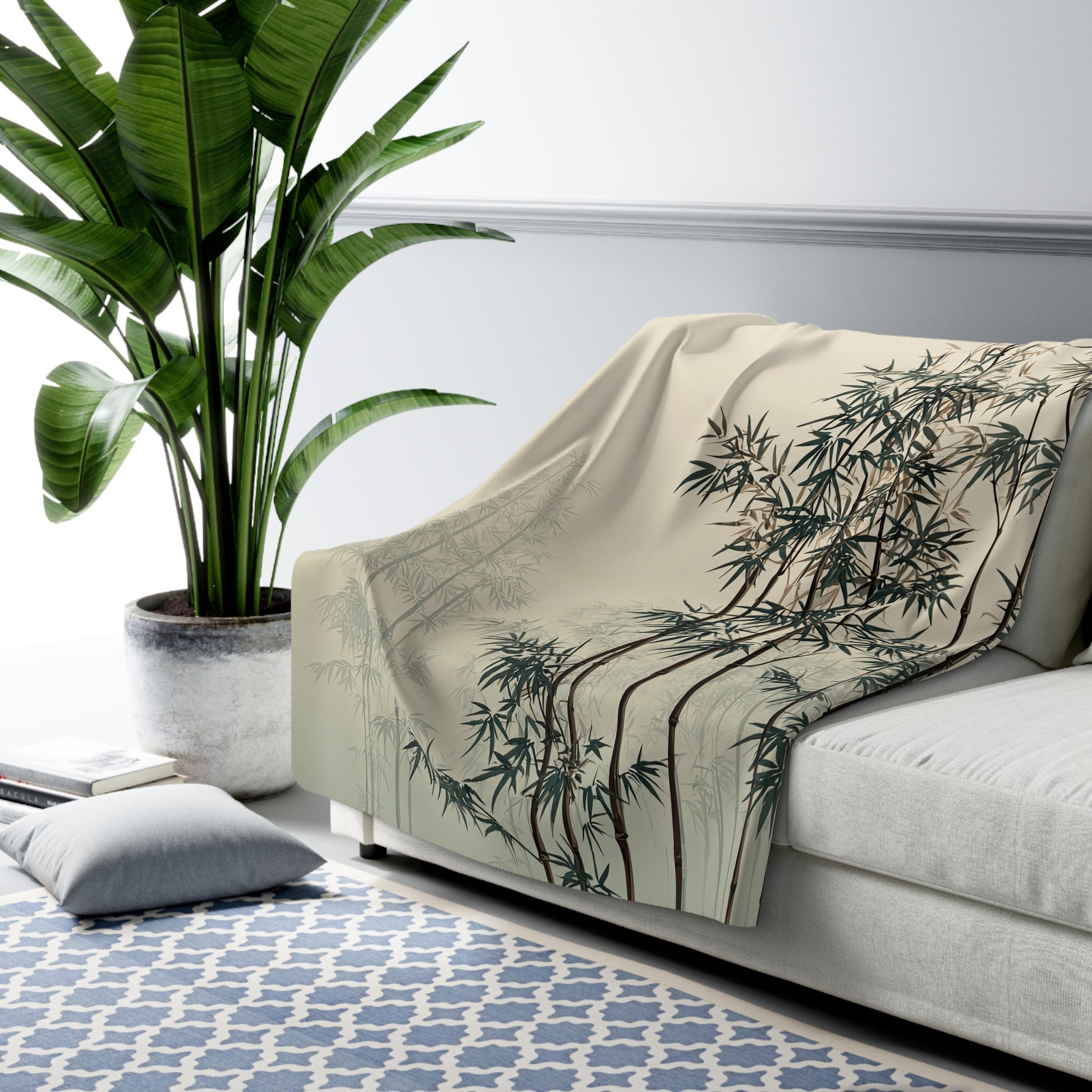 Bamboo Grove sherpa blanket — soft Asian-inspired fleece throw, minimalist home decor, zen gift