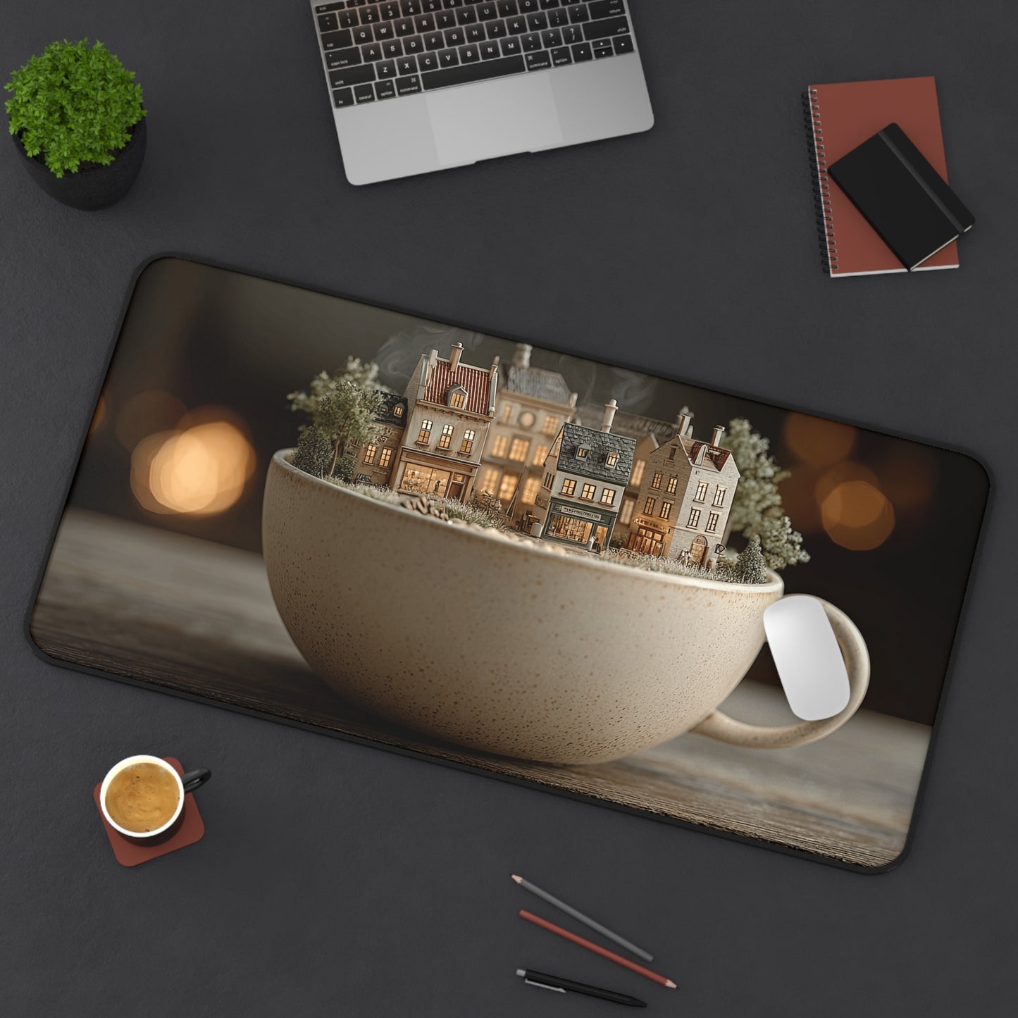 Cozy Miniature Village Desk Mat – Warm Tea Cup Town Mousepad