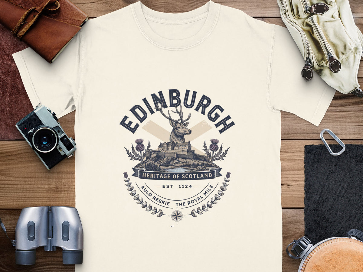Edinburgh Heritage of Scotland t-shirt with stag and castle design.