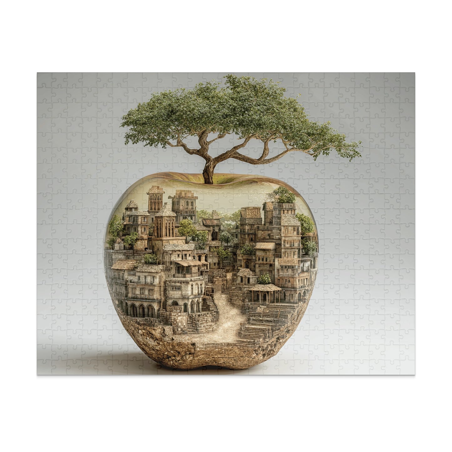 Apple-shaped city with ancient buildings and a tree growing from the top.