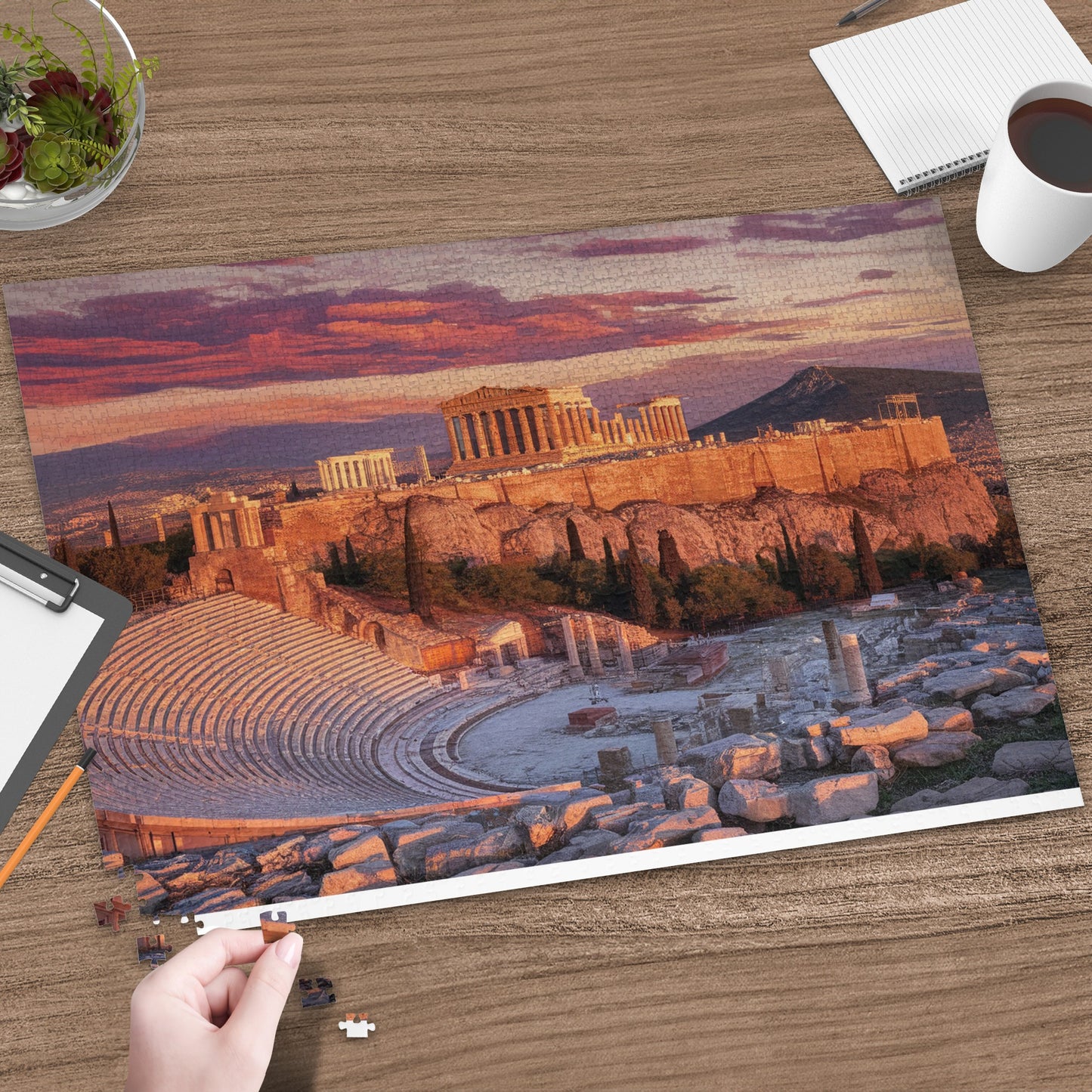 Puzzle of the Acropolis of Athens and Theatre of Dionysus at sunset.