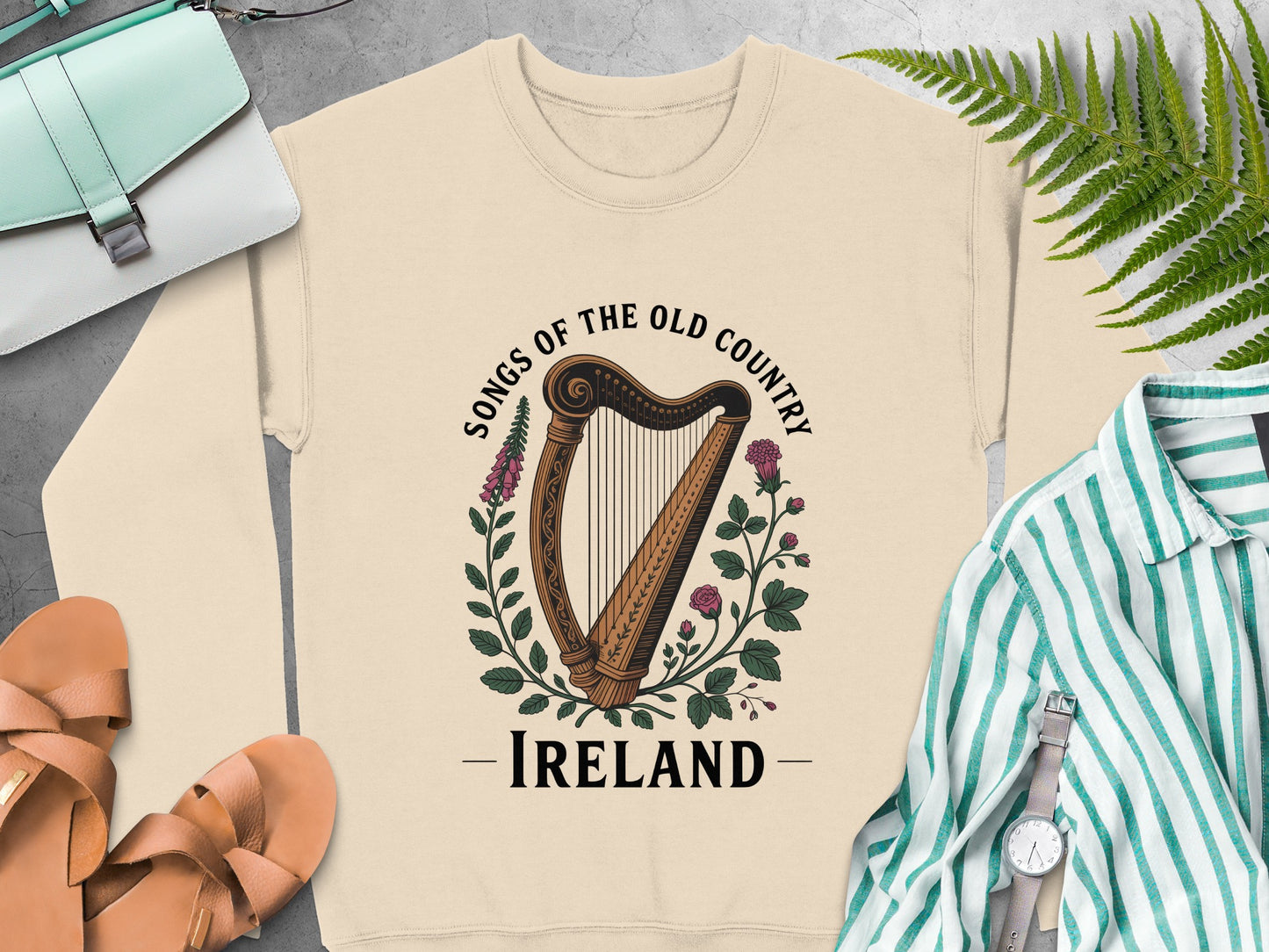Harp and floral design, text "Songs of the Old Country Ireland" on Sand sweatshirt
