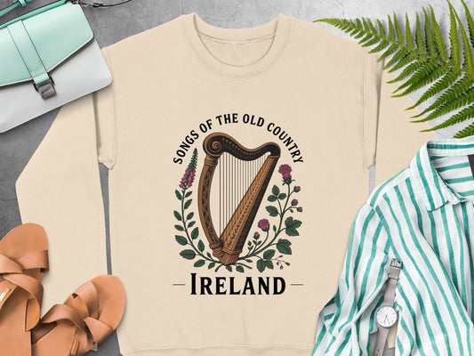 Harp and floral design, text "Songs of the Old Country Ireland" on Sand sweatshirt