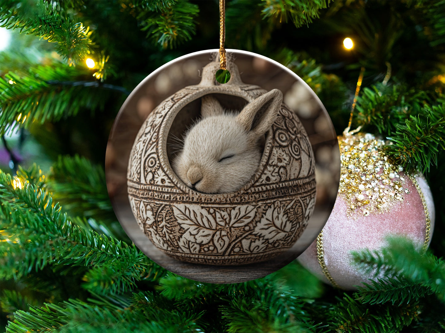 Adorable Sleeping Bunny in Ornament Christmas Decoration
