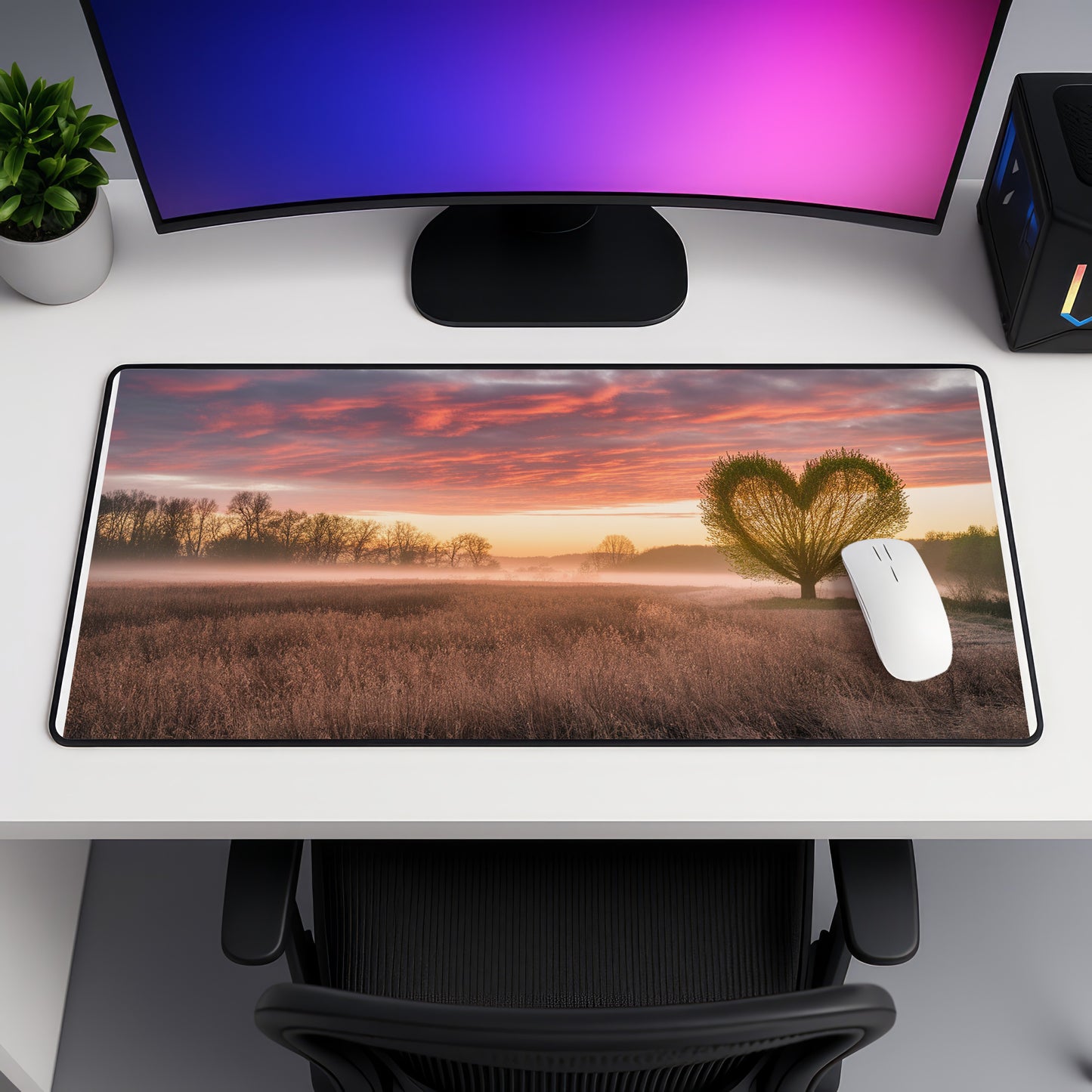 Desk mat with sunrise and heart-shaped tree image.