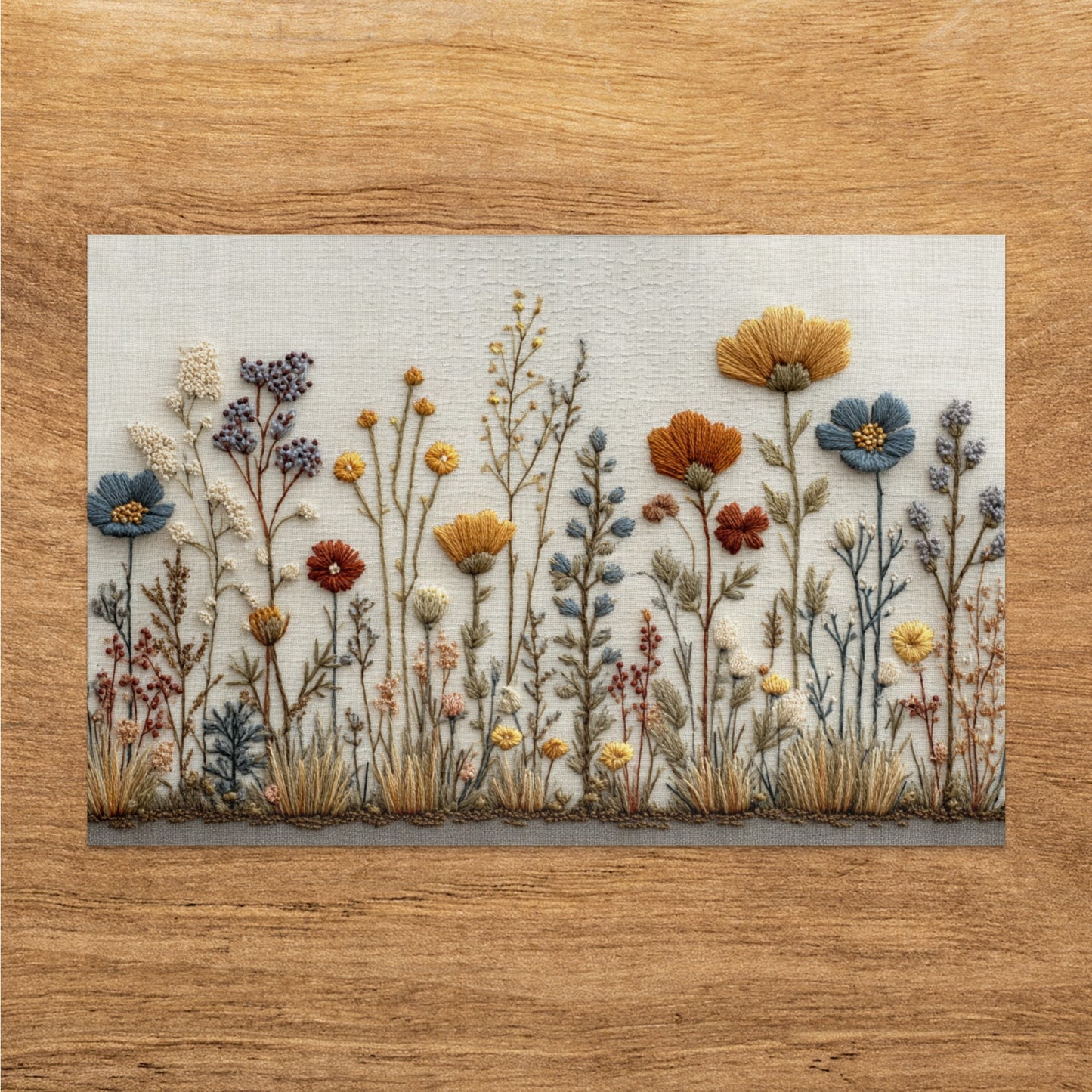 Colorful Floral Embroidery Design on Wood Background