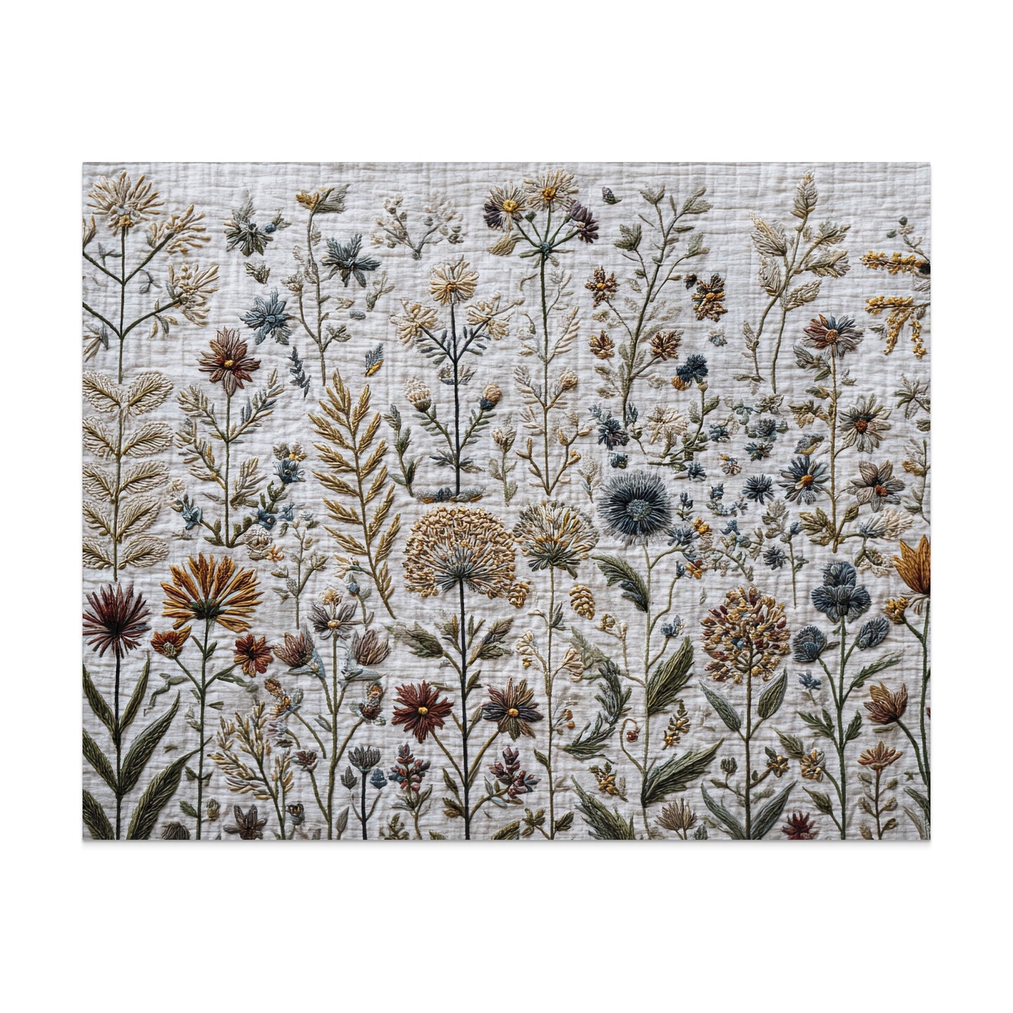Embroidered textile featuring a dense pattern of various wildflowers and foliage.