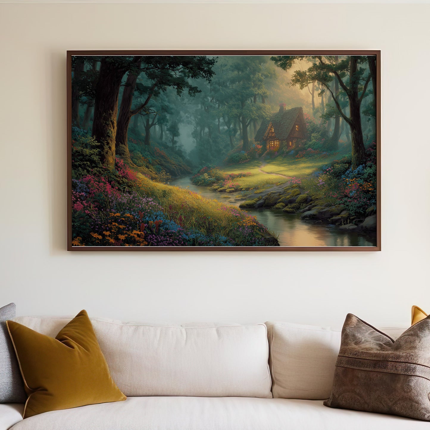 Mystical Forest Cottage Stream Vibrant Flowers Scenery product type