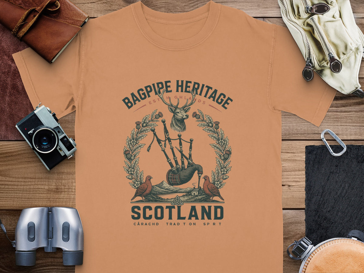 T-shirt with "Bagpipe Heritage Scotland" graphic featuring bagpipes, deer, and birds.