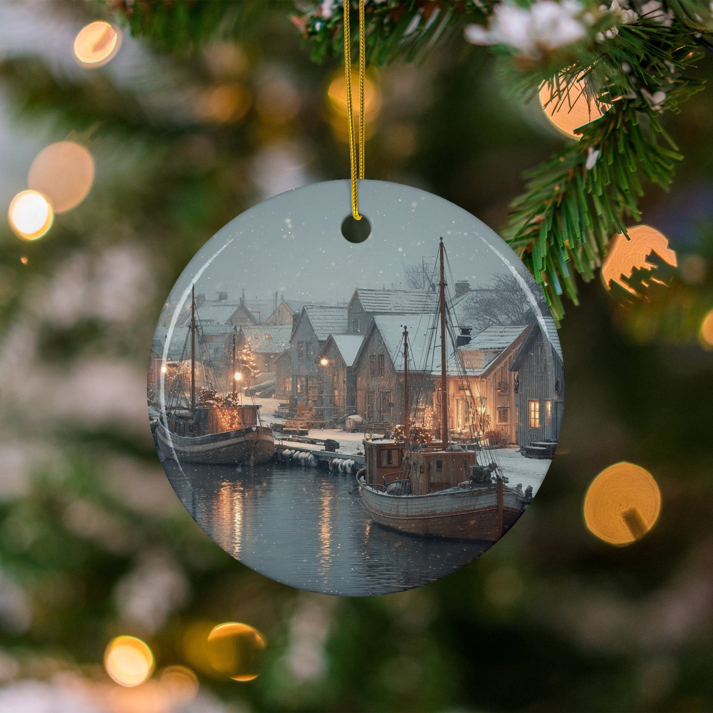 Festive Village Harbor Snowy Scene Holiday Ornament