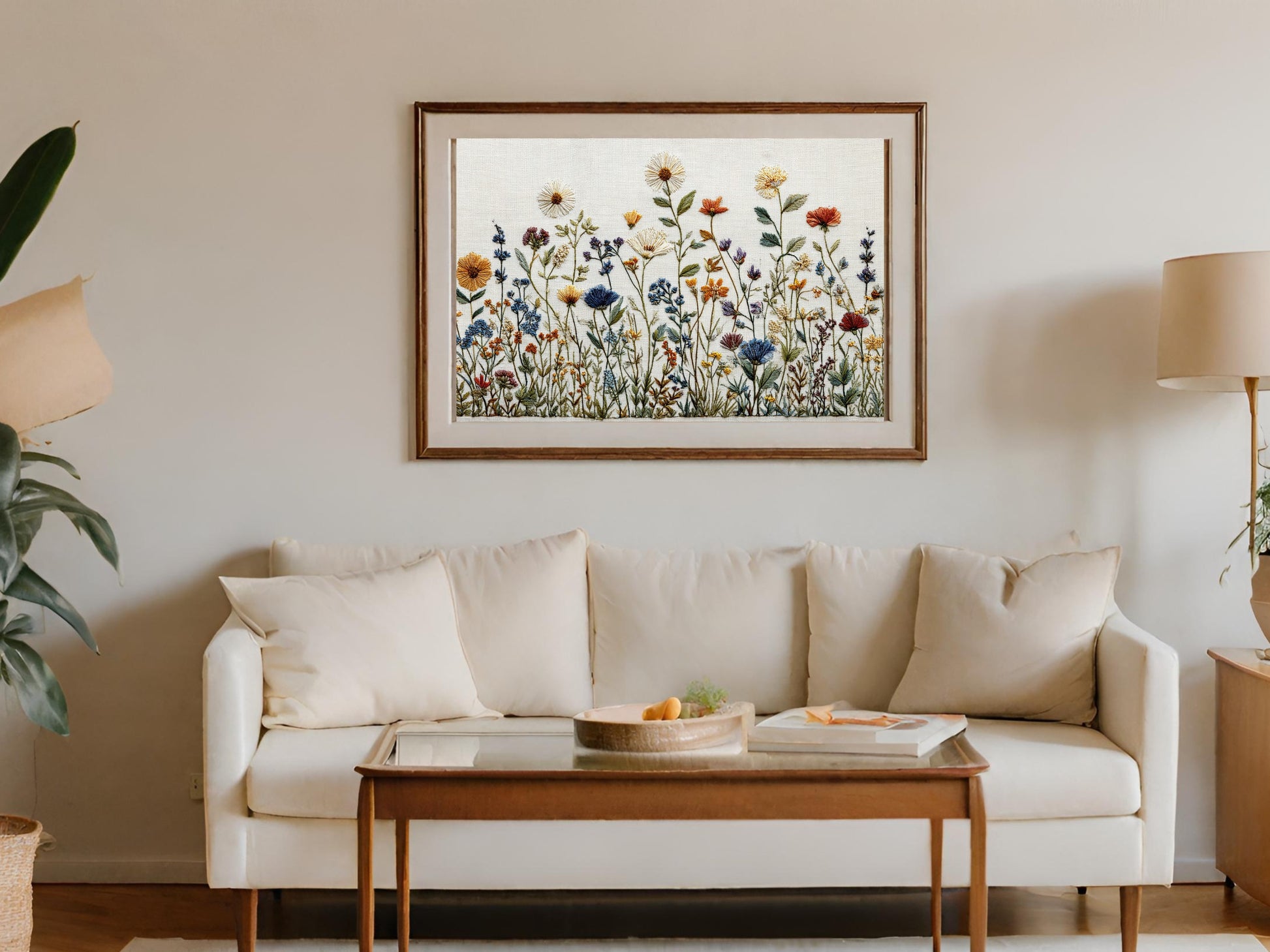 Framed floral embroidery artwork hanging above a white sofa with a wooden coffee table.