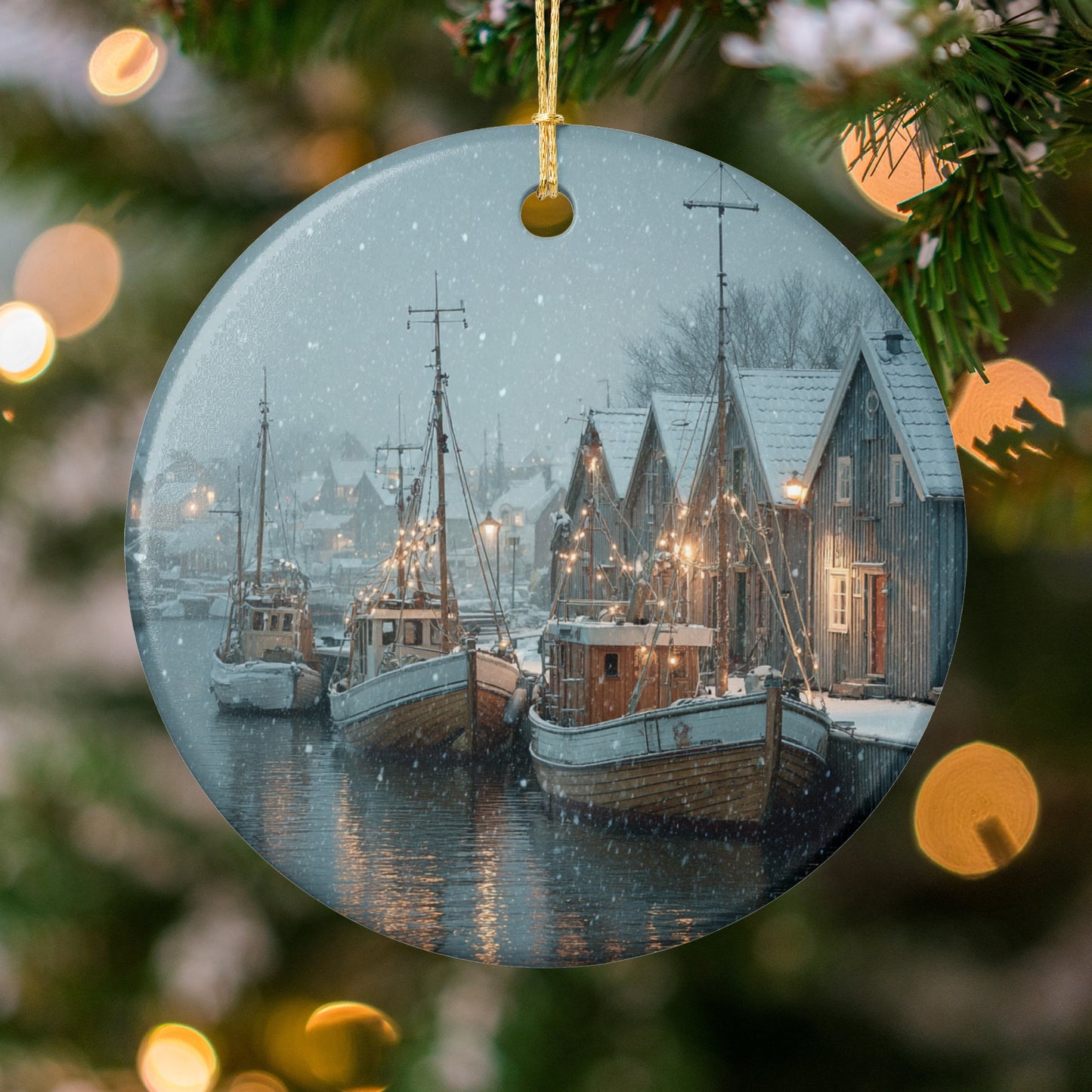Snowy Harbor Scene Christmas Ornament