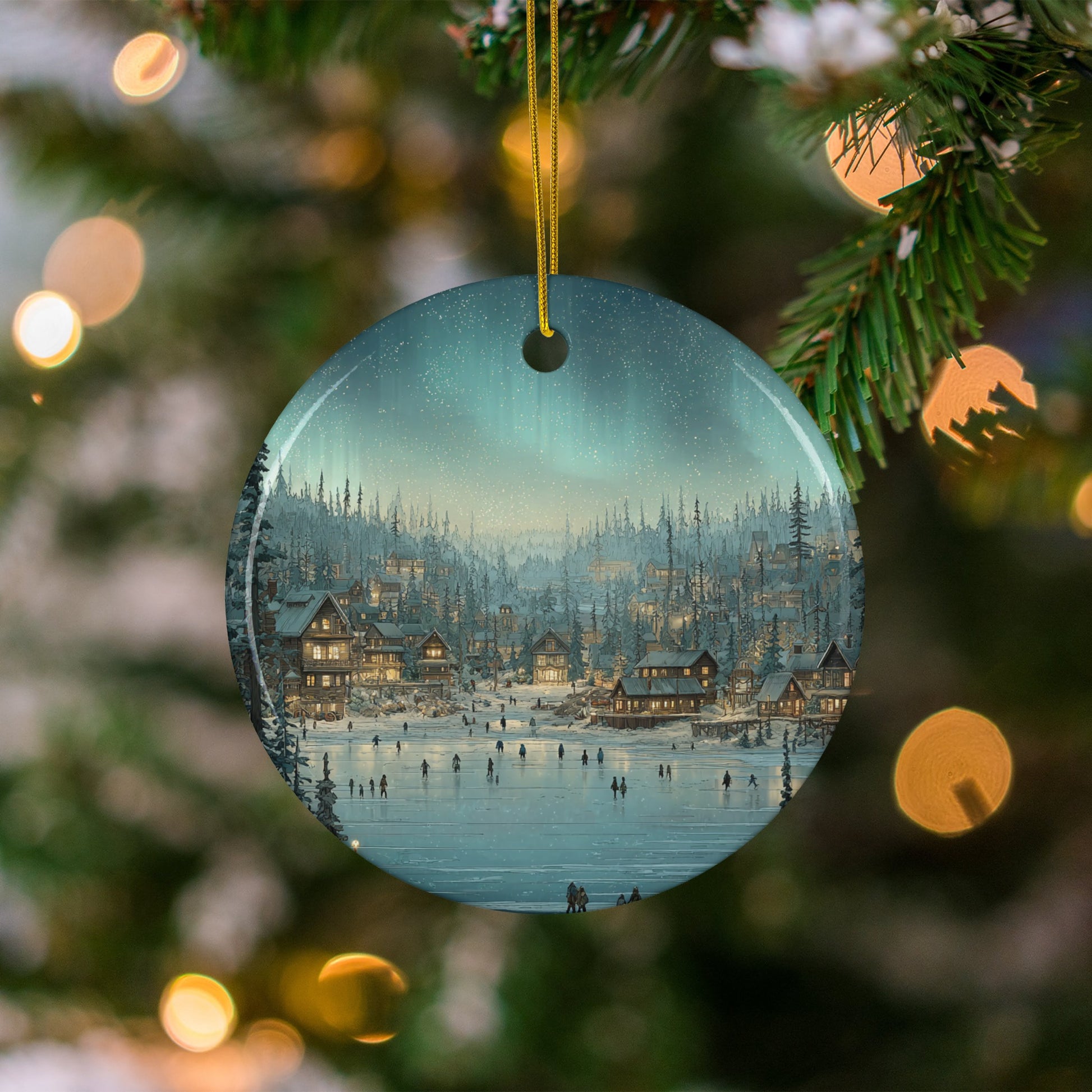 Snowy Village and Aurora Scene Christmas Ornament