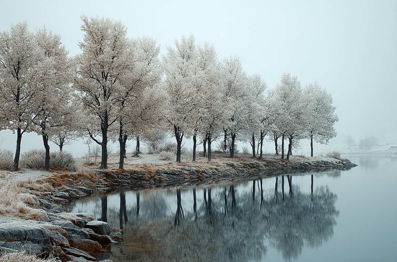 Serene Winter Lake Scene with Frost on Trees Wall Art