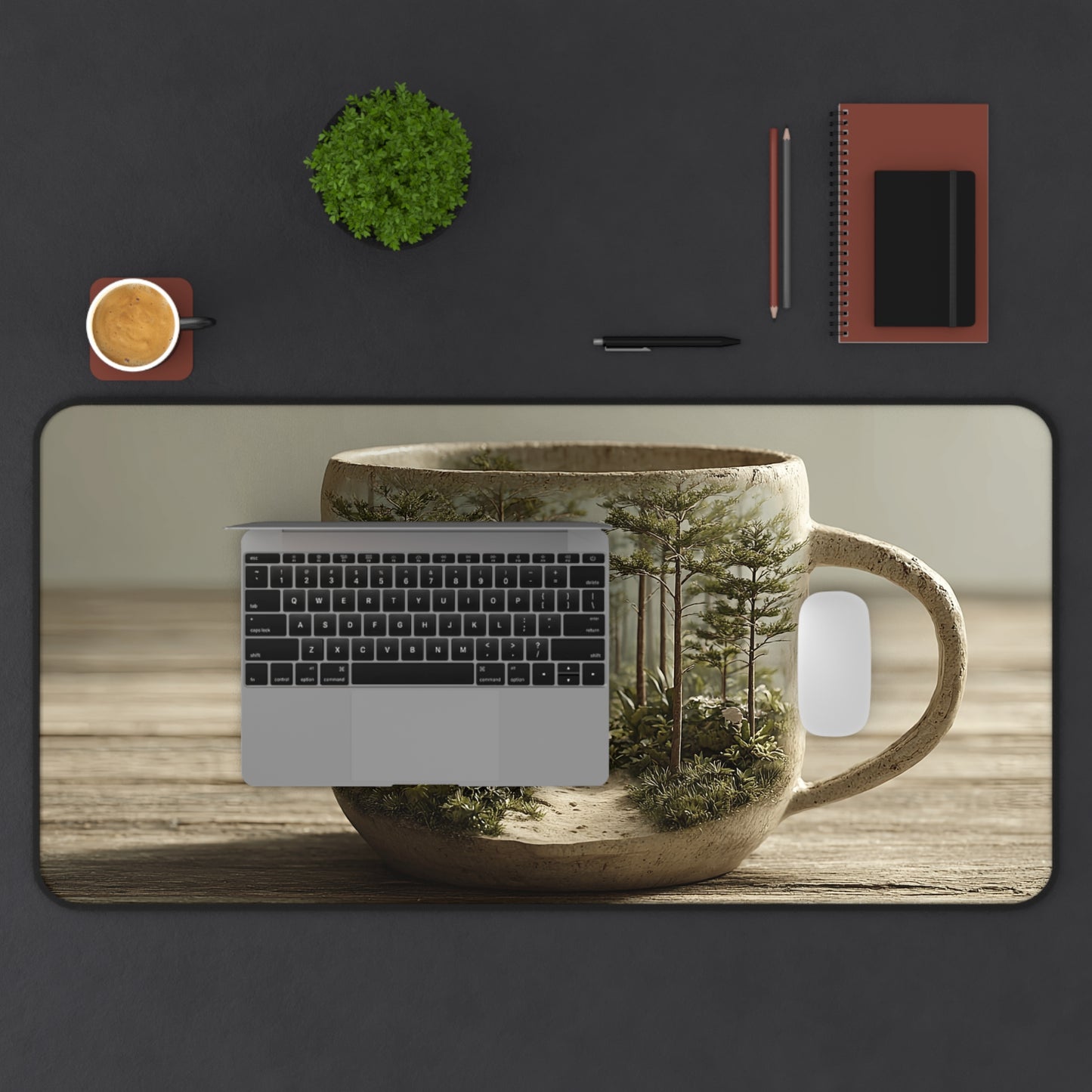 Forest Mug Illustration Desk Mat – Cozy Woodland Desk Pad