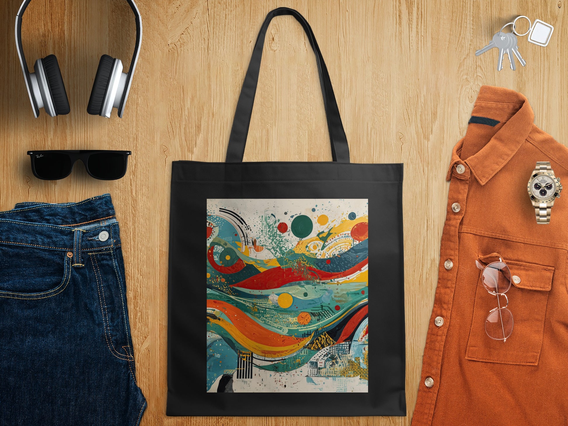 Abstract Colorful Waves Circles Design Black Tote Bag product type