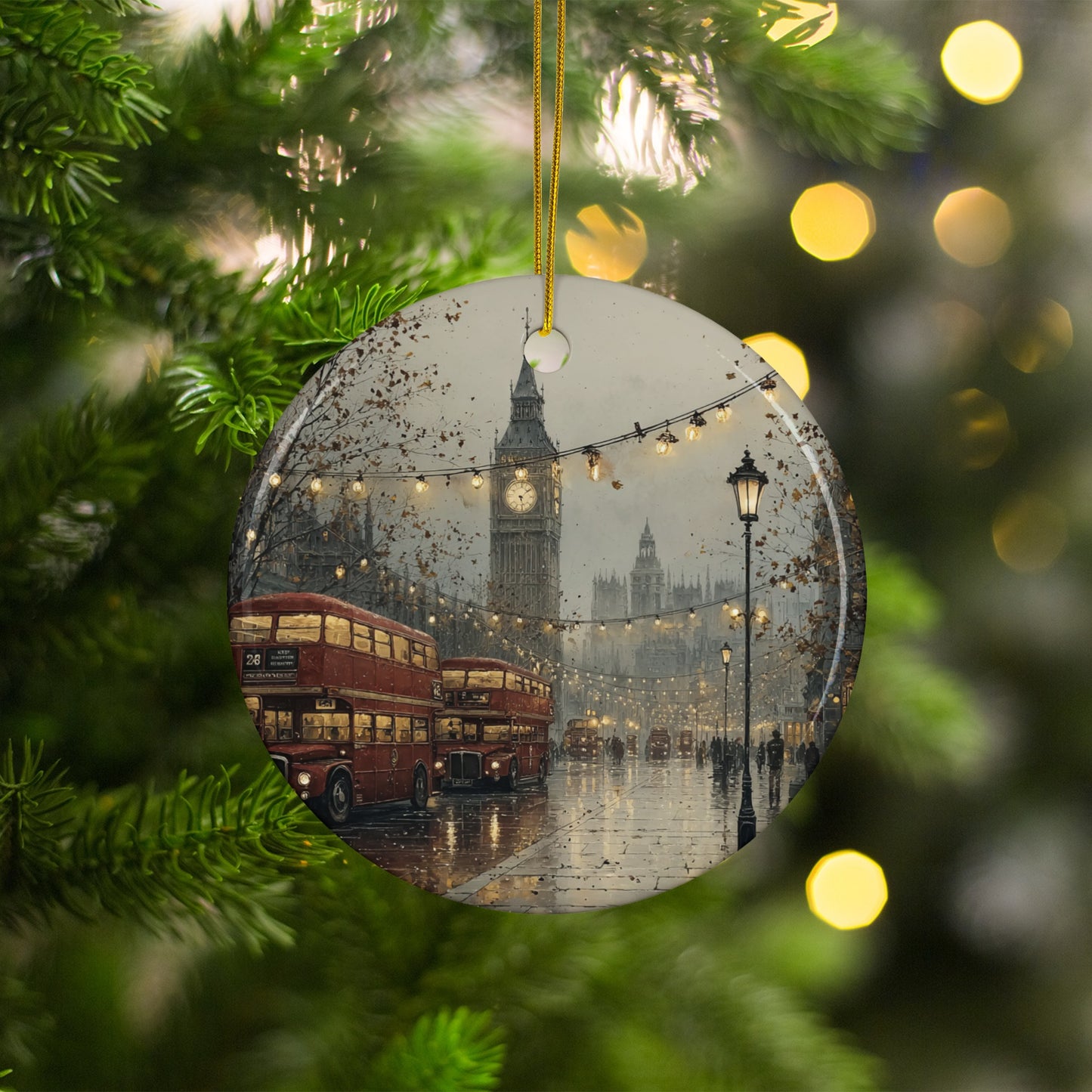 London Christmas Scene Ornament with Red Buses