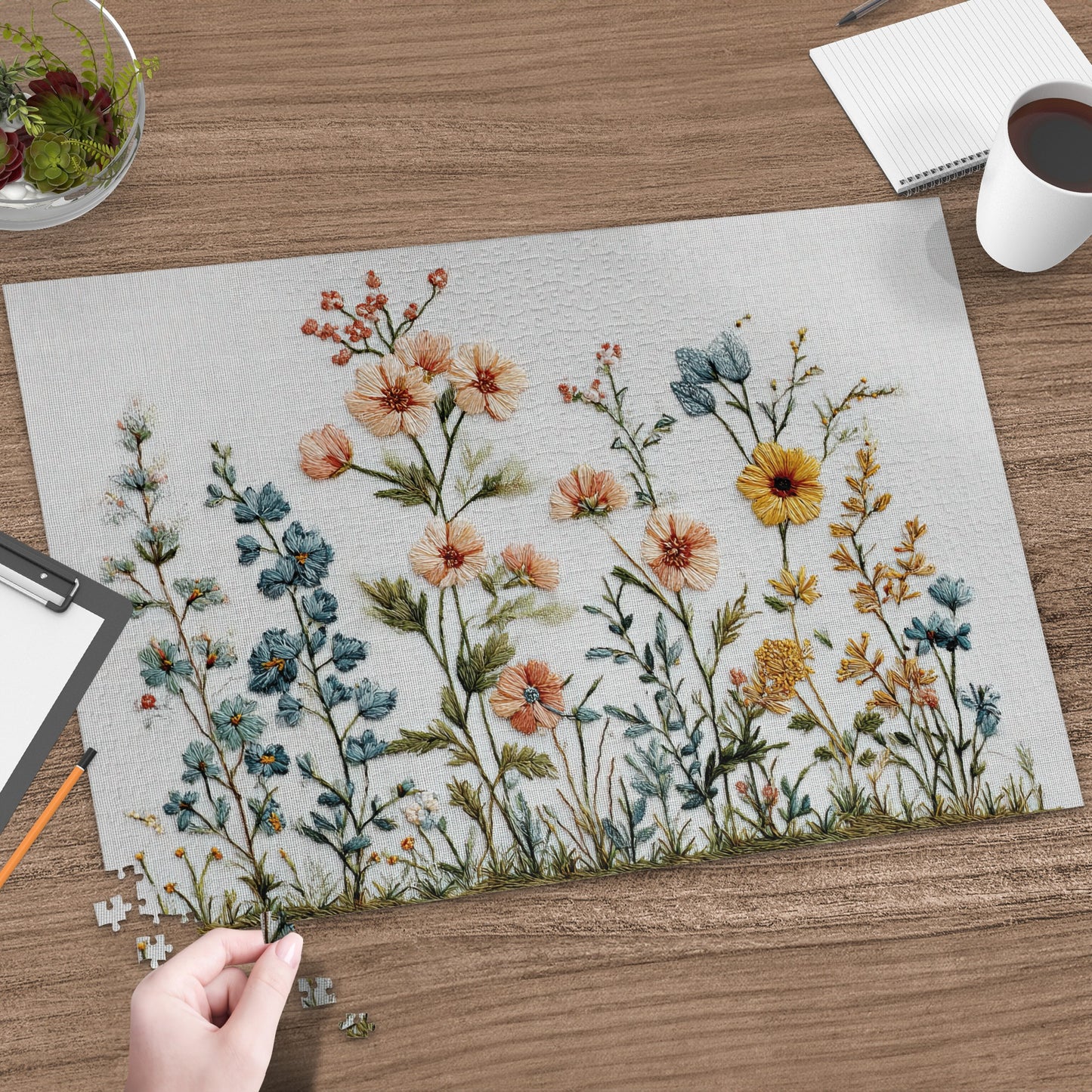 Embroidery depicting wildflowers on a table with puzzle pieces.