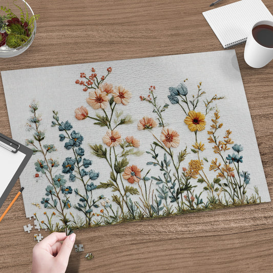 Embroidery depicting wildflowers on a table with puzzle pieces.