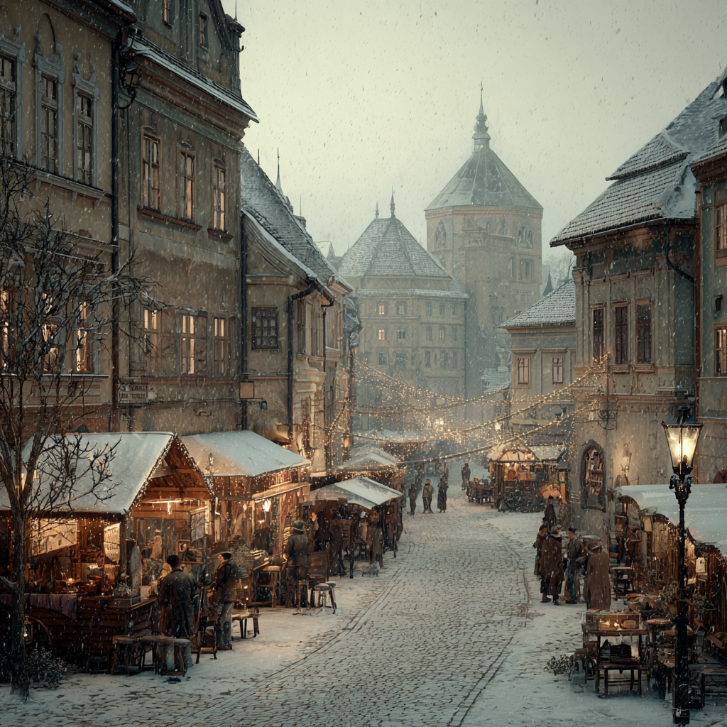 Snowy European Village Market Scene Fine Art Print