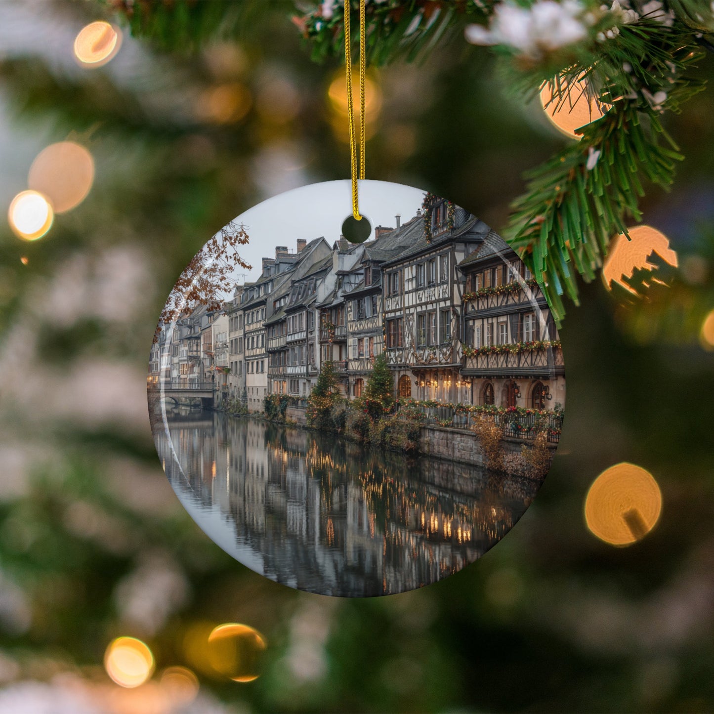 Picturesque Town Reflected Water Christmas Ornament