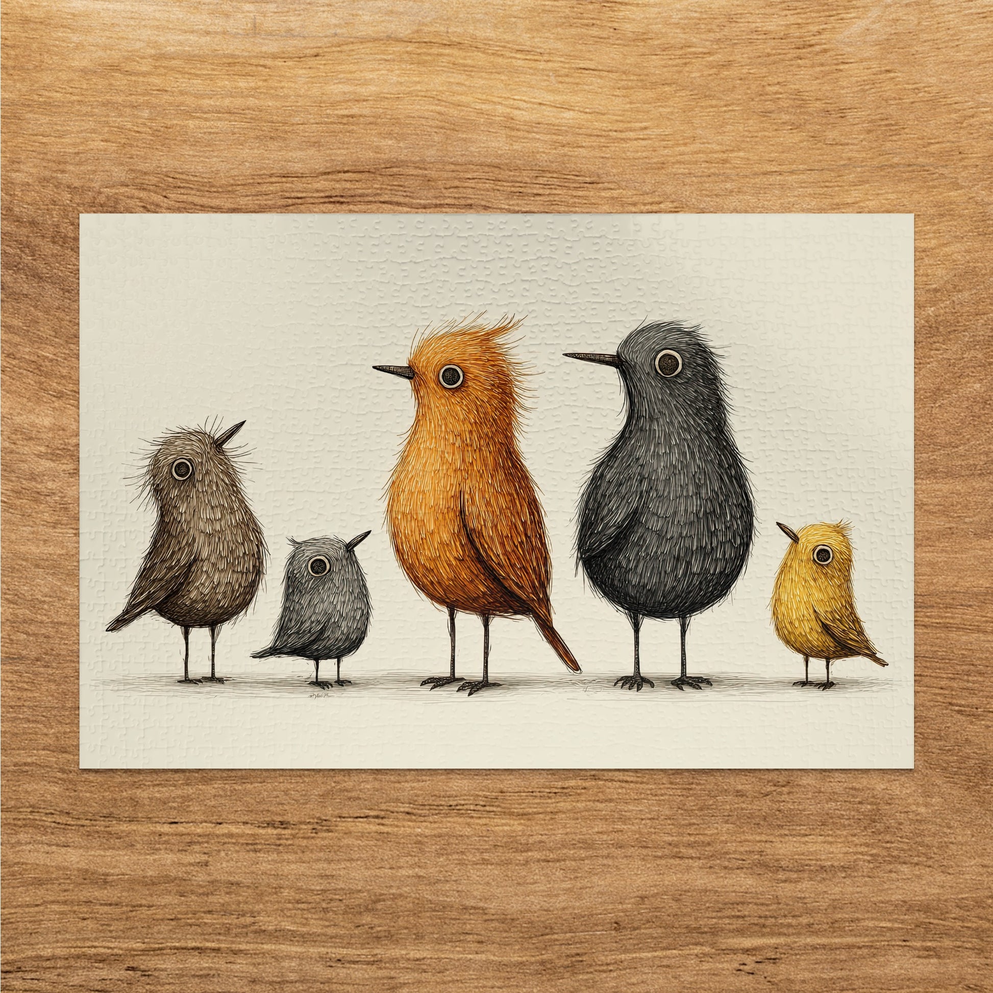 Five stylized birds of varying sizes and colors on a textured background.