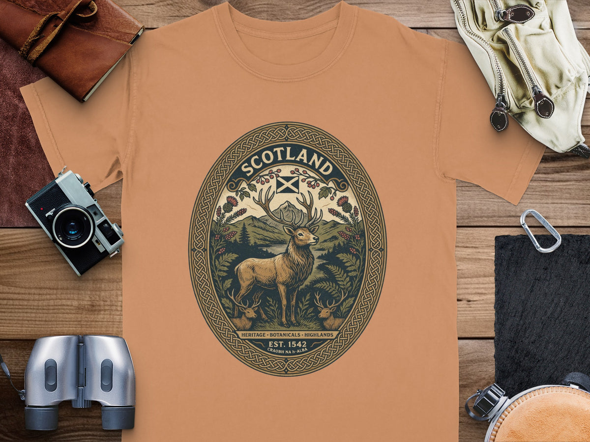 T-shirt with Scotland crest featuring deer, mountains, and text "EST. 1542".