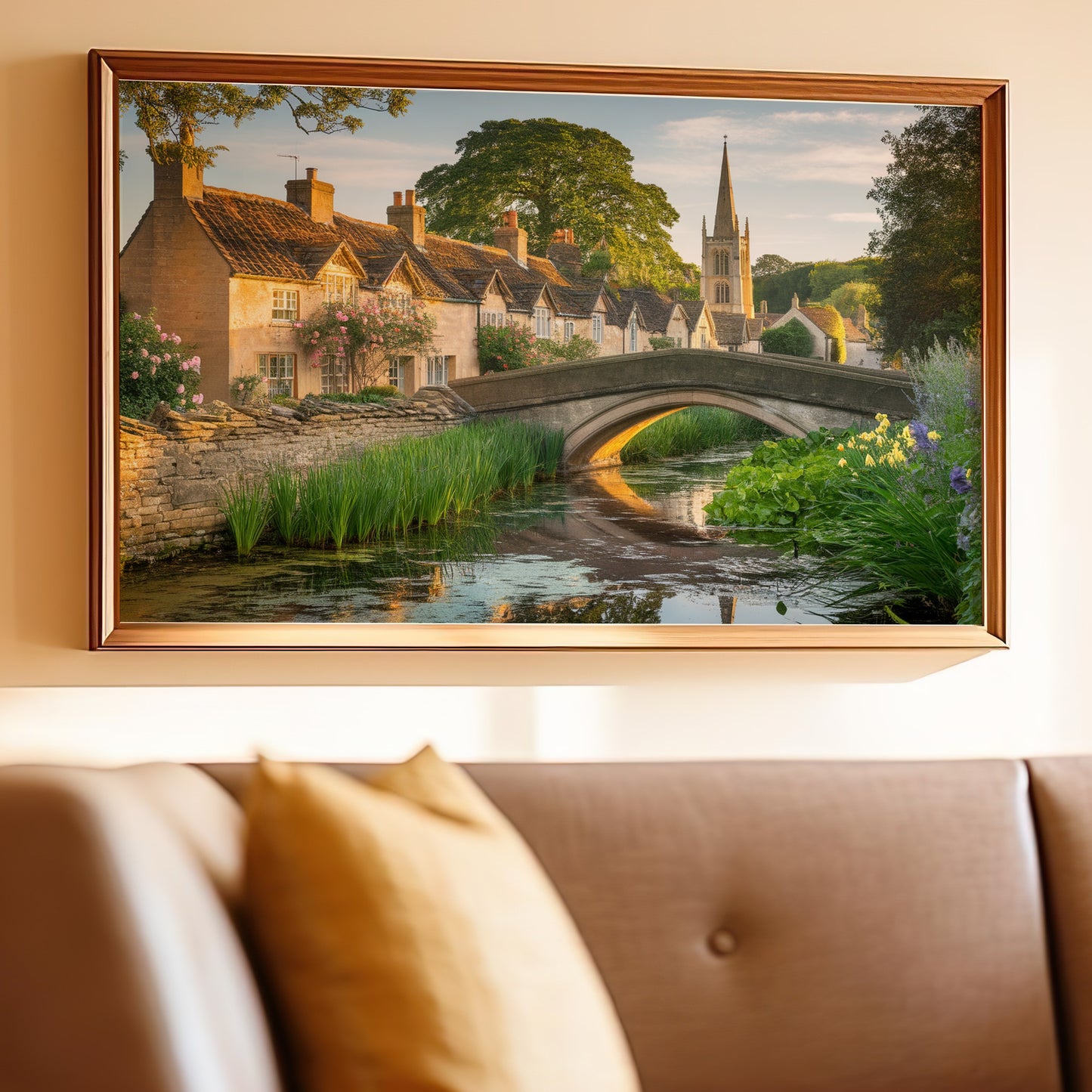 Framed painting of a charming village with a canal and church spire.