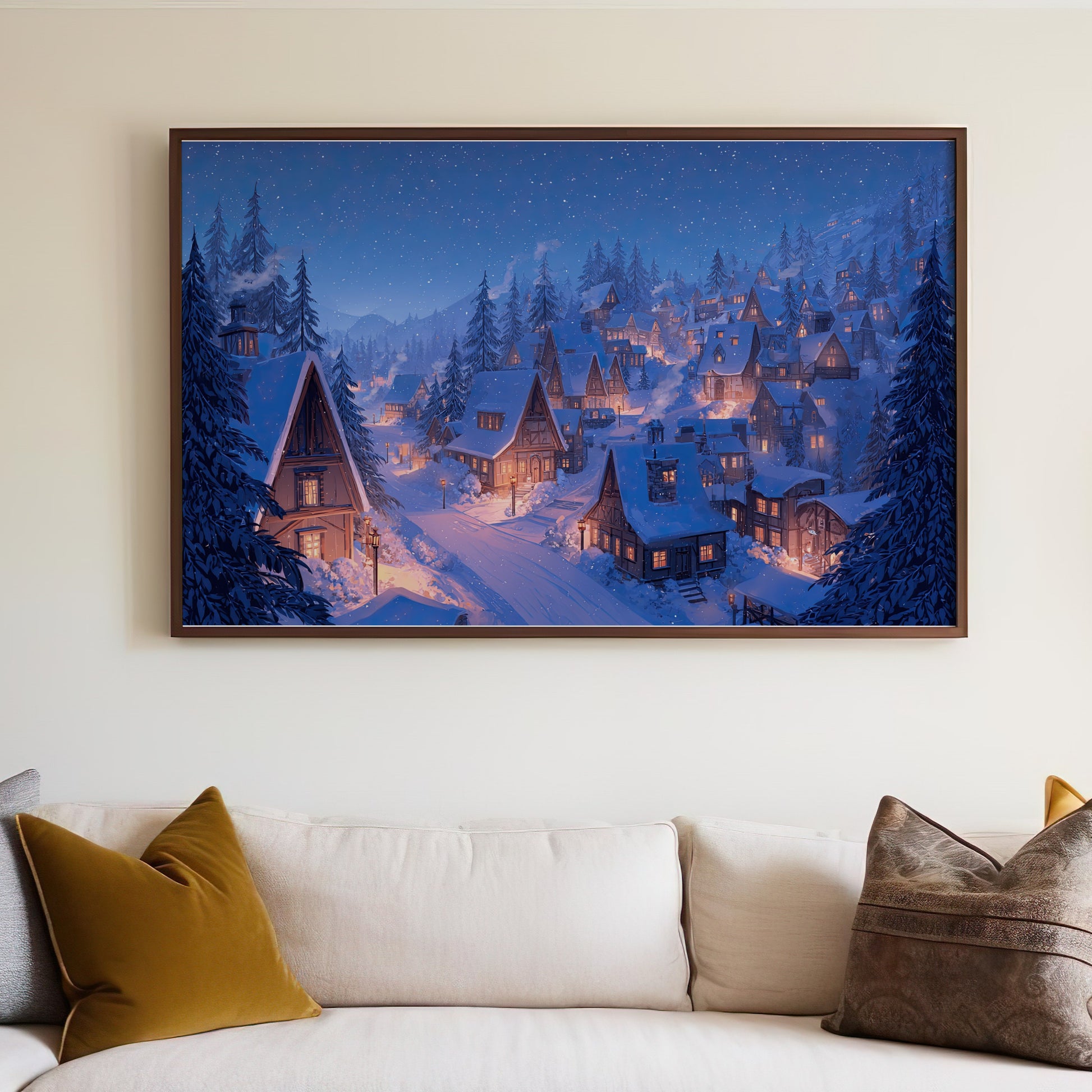 Illuminated Winter Village Snow Night Landscape Art product type
snowy village, winter landscape, night scene, illuminated houses, christmas decor, mountain village, starry sky, cozy art, seasonal print, wall decor, holiday theme, forest trees, snowfall art, scenic view, festive home, artistic painting, winter wonderland, dreamy landscape, evening glow, pine trees