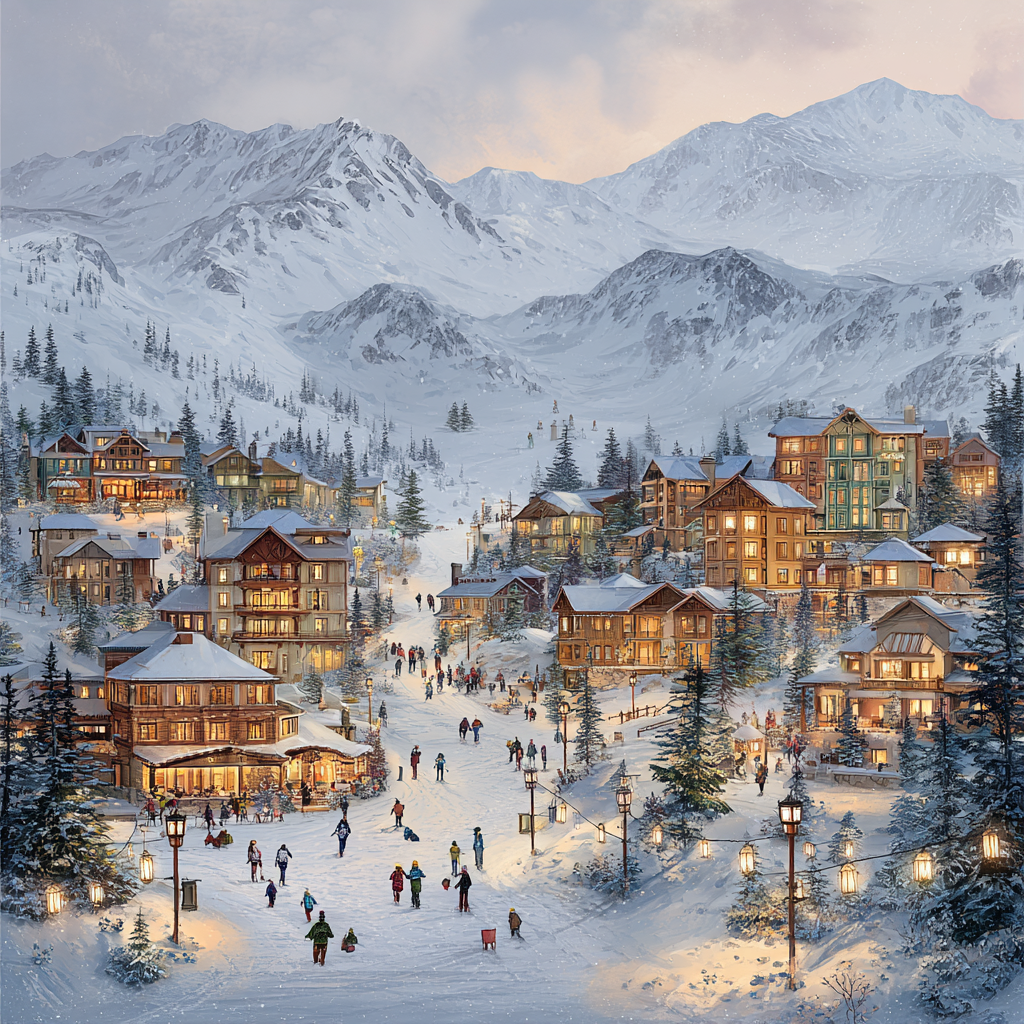 Cozy Winter Village Scene with Snowy Mountains product