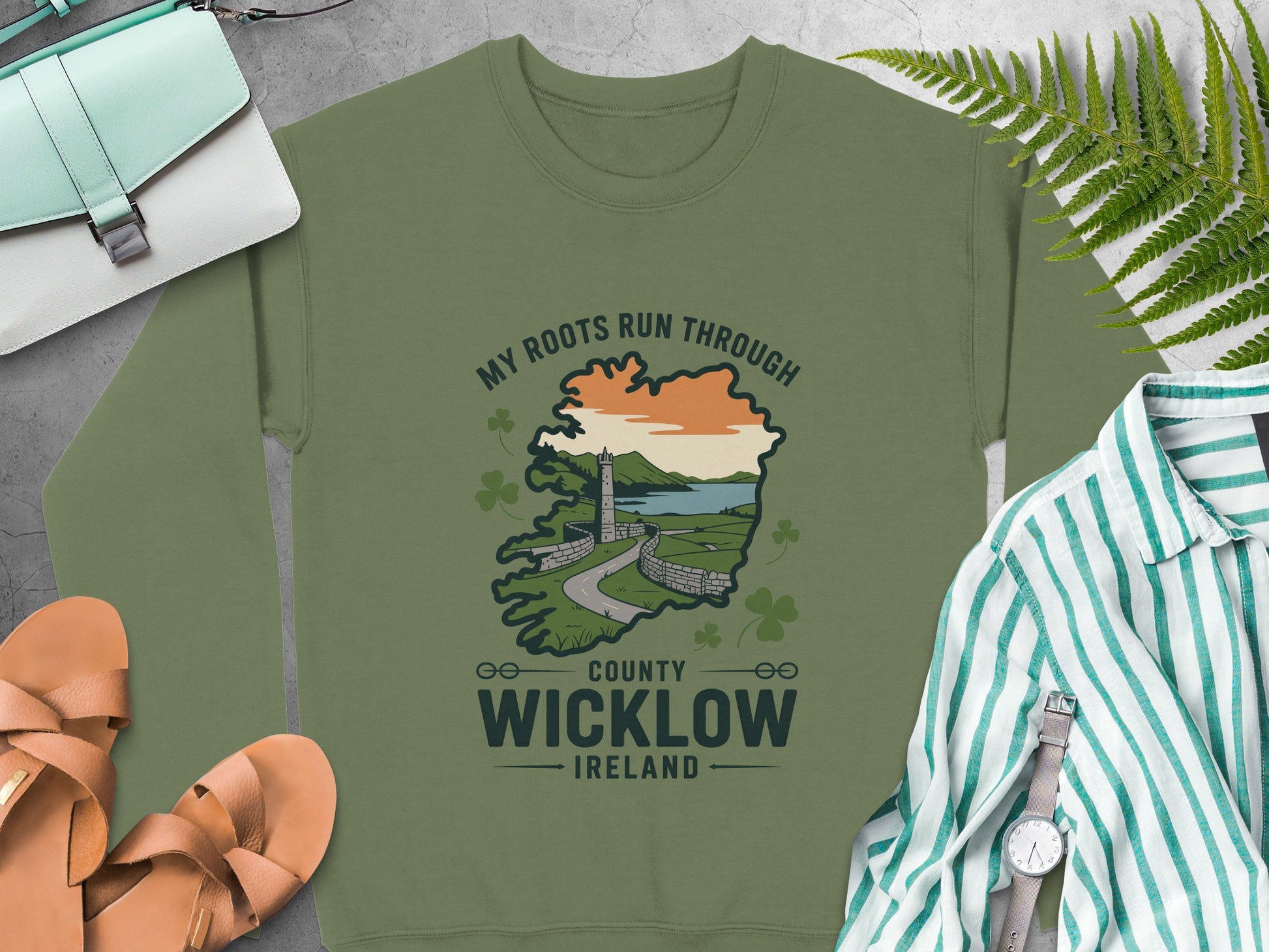 "My Roots Run Through County Wicklow Ireland" graphic on Military Green sweatshirt