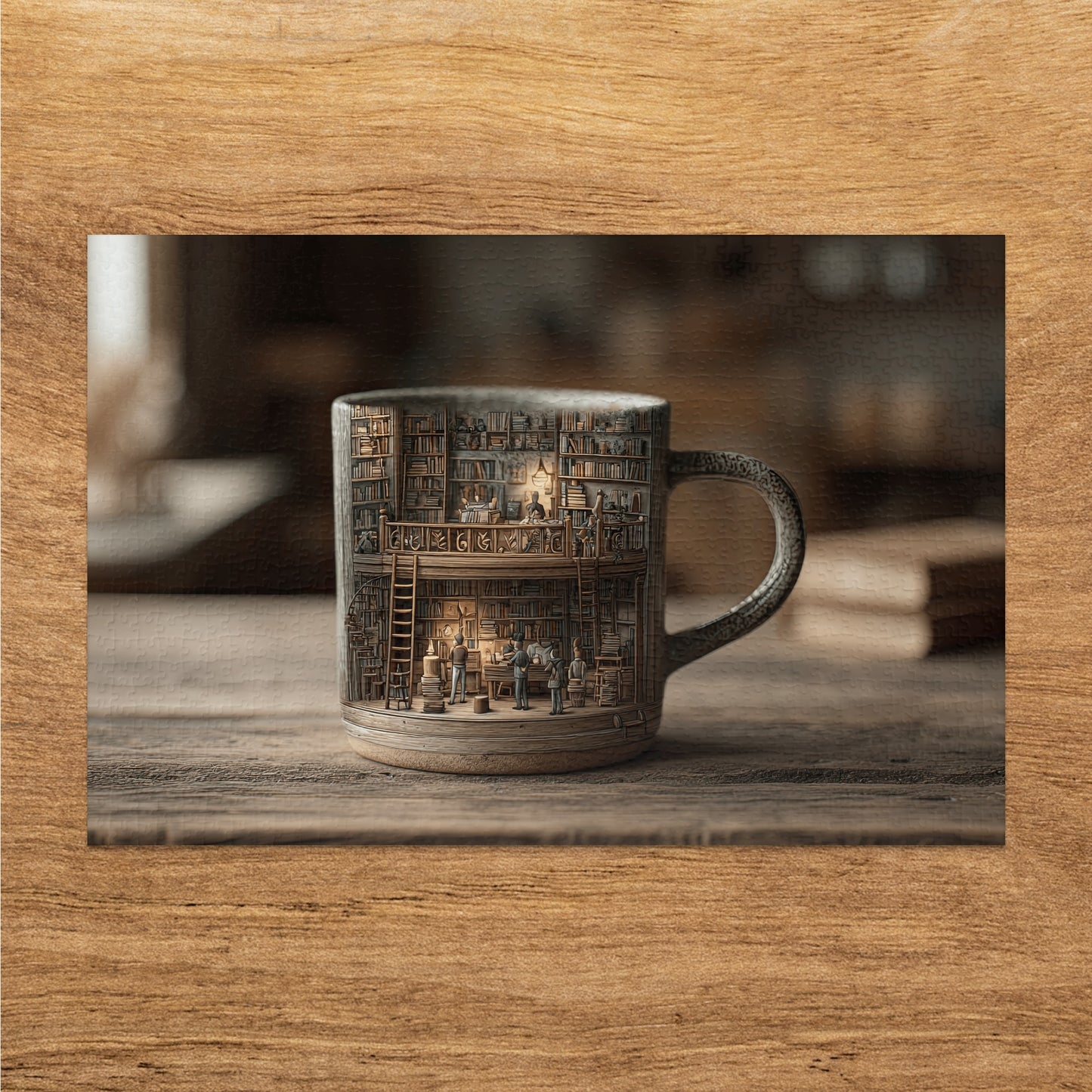 Mug with intricate library scene featuring bookshelves and ladders.